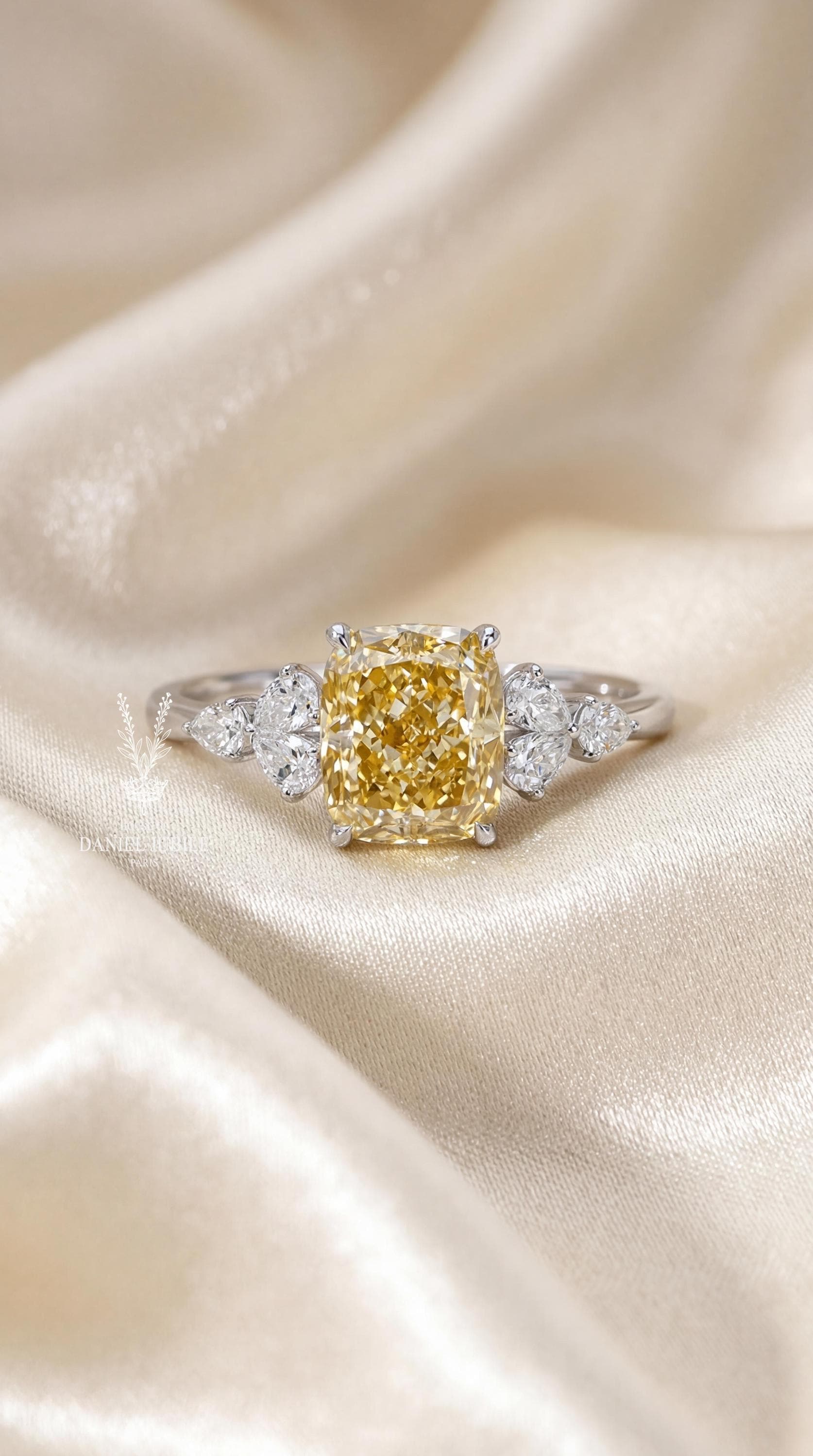 2.60ctw Lab Grown Yellow Diamond Engagement Ring, 14k Gold Pear Side Stones