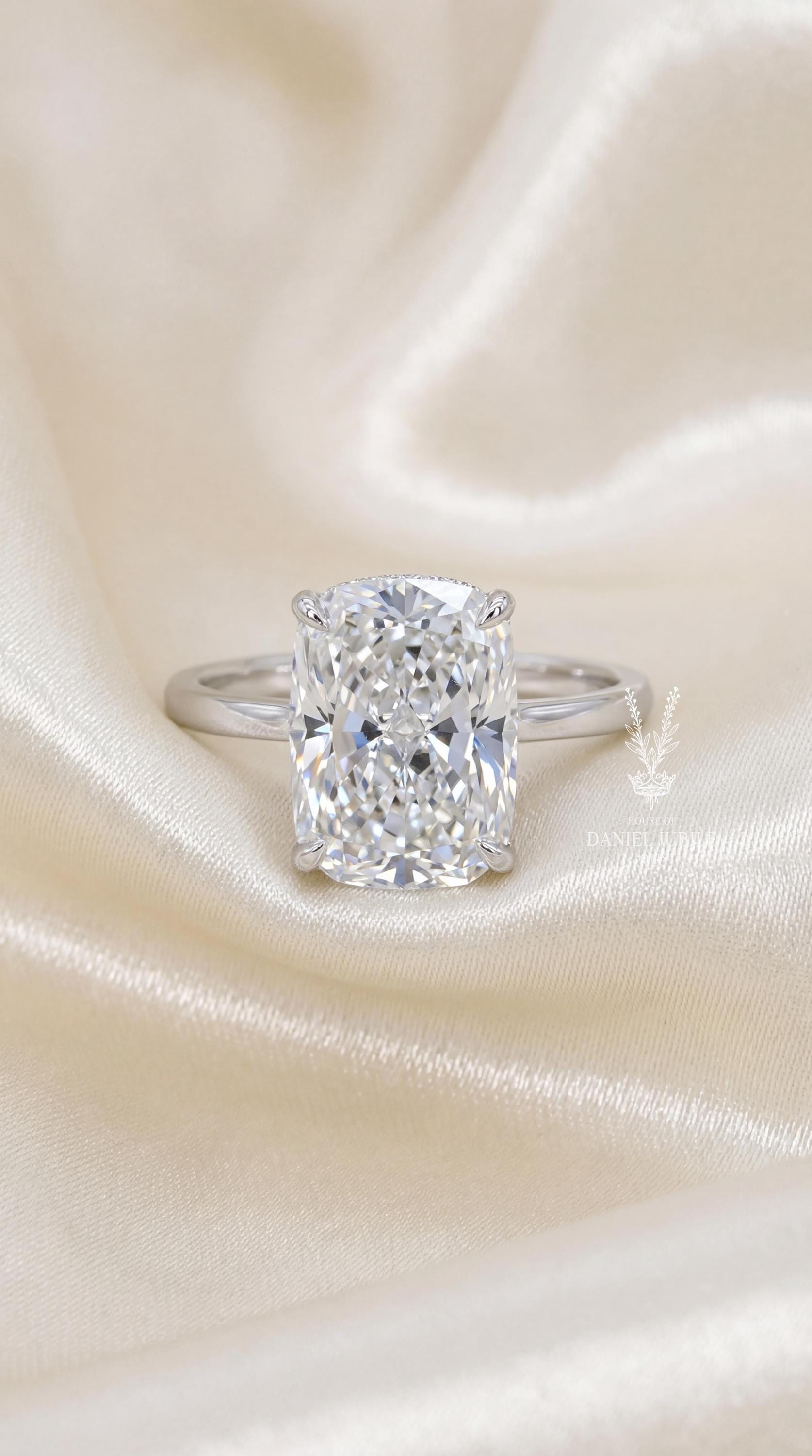 6Carat Elongated Cushion Cut Lab Diamond Engagement Ring, 14k Gold Solitaire