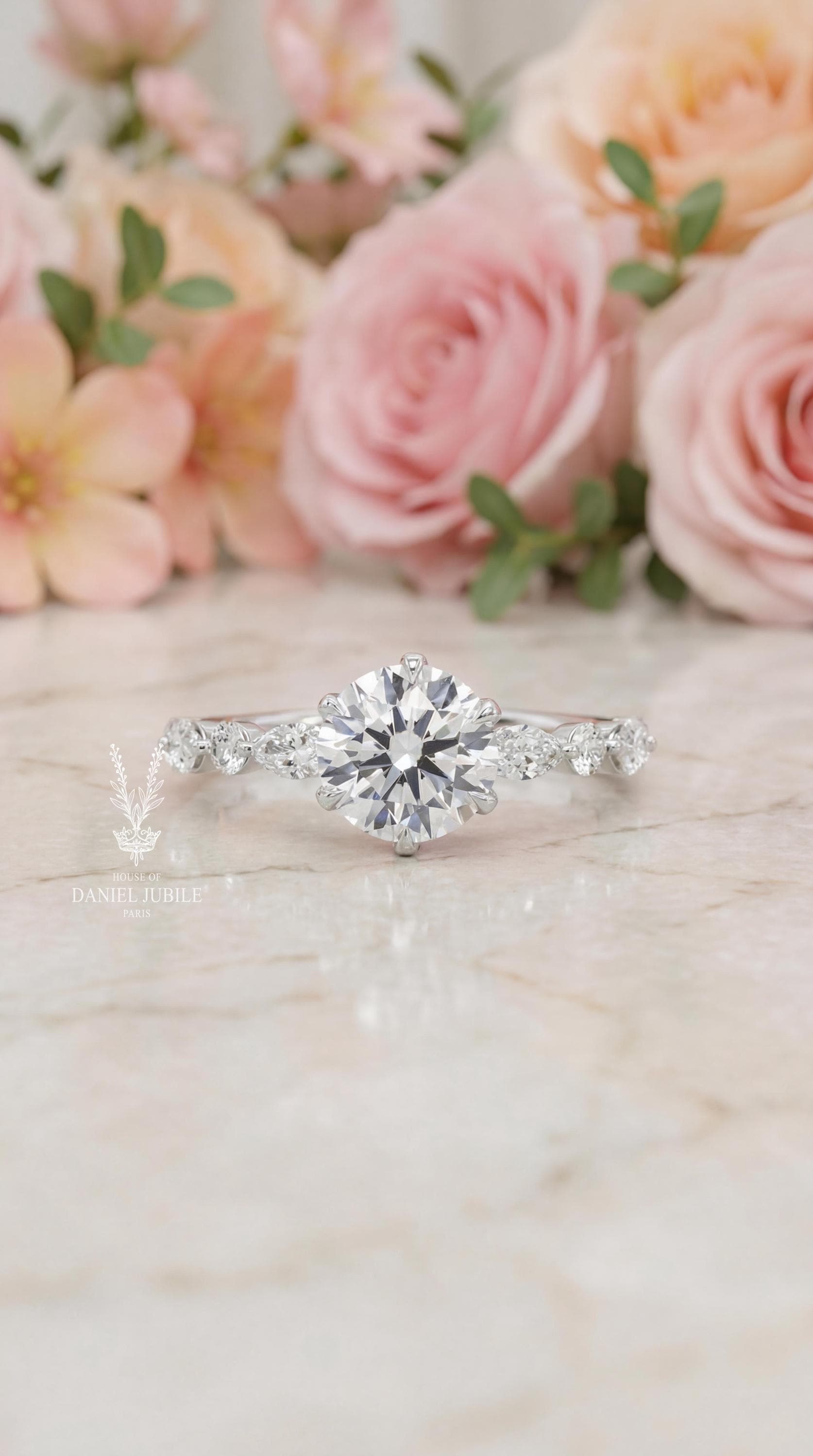 2ct Lab Diamond Engagement Ring, 14k Gold Scallop Band Bridal Set