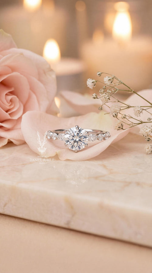 2ct Lab Diamond Engagement Ring, 14k Gold Scallop Band Bridal Set