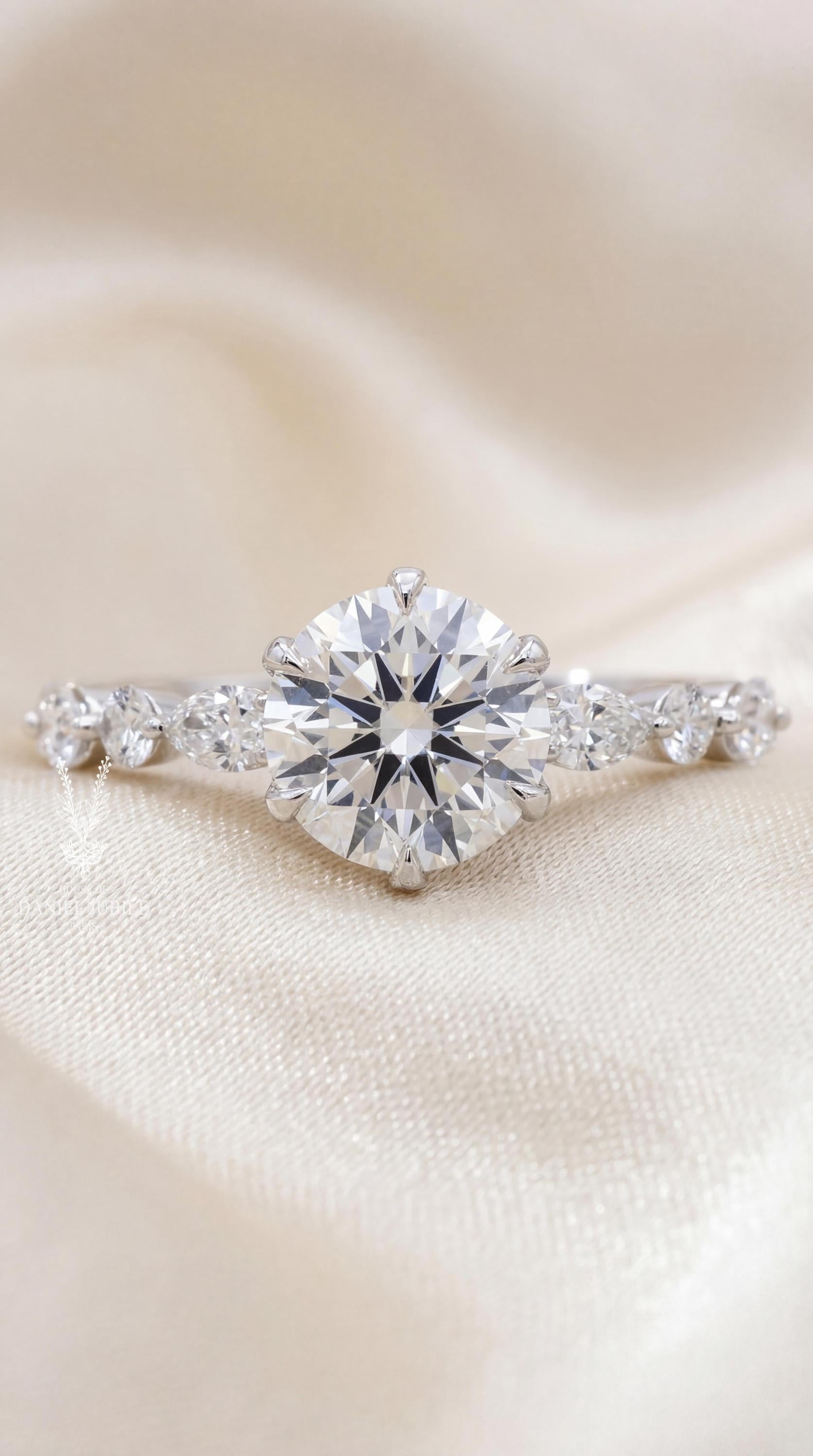 2ct Lab Diamond Engagement Ring, 14k Gold Scallop Band Bridal Set