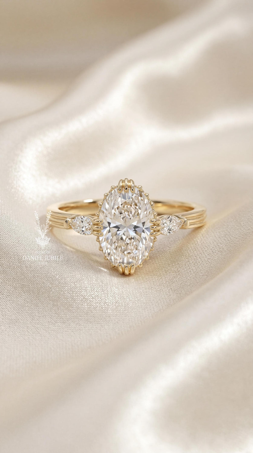 3ct Art Deco Oval Lab Engagement Diamond Ring, Pear Side Stones, 14k Gold Crown Setting