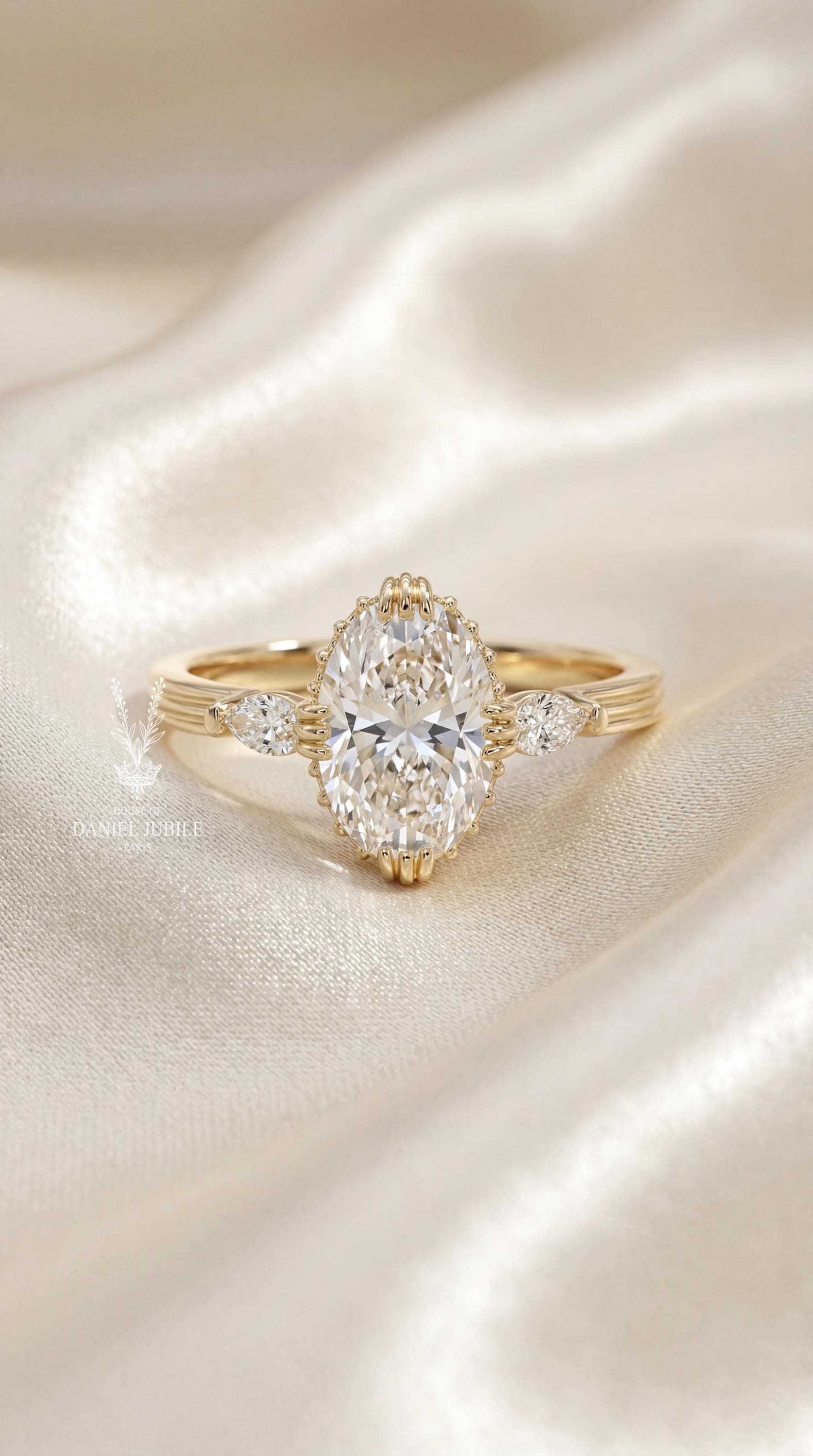 3ct Art Deco Oval Lab Engagement Diamond Ring, Pear Side Stones, 14k Gold Crown Setting