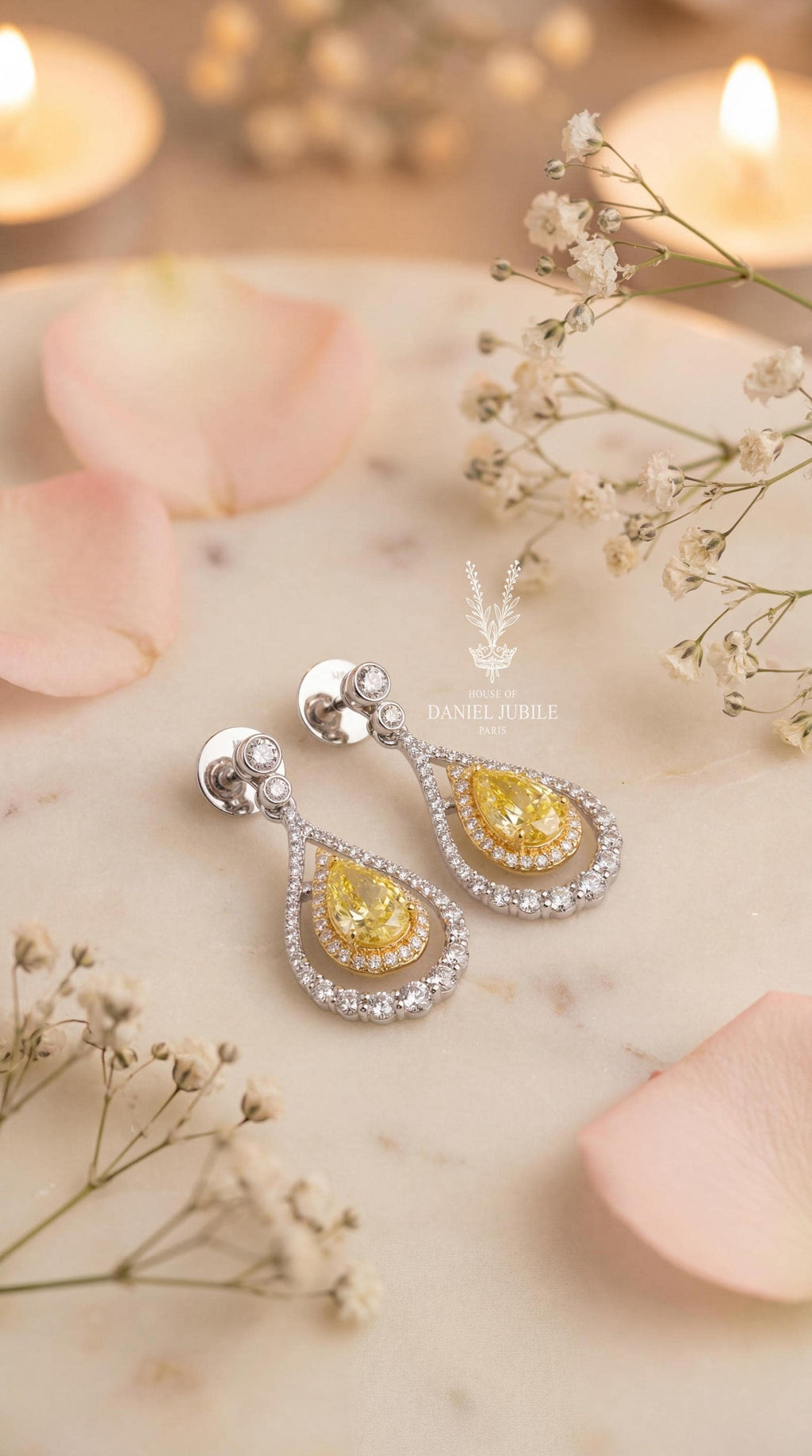 Pear Cut Canary Yellow Diamond Earrings, 14k Gold Double Halo