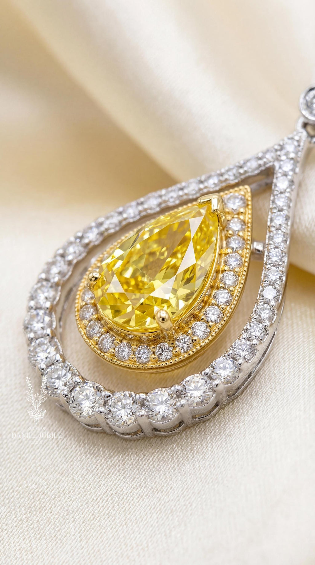 Pear Cut Canary Yellow Diamond Earrings, 14k Gold Double Halo