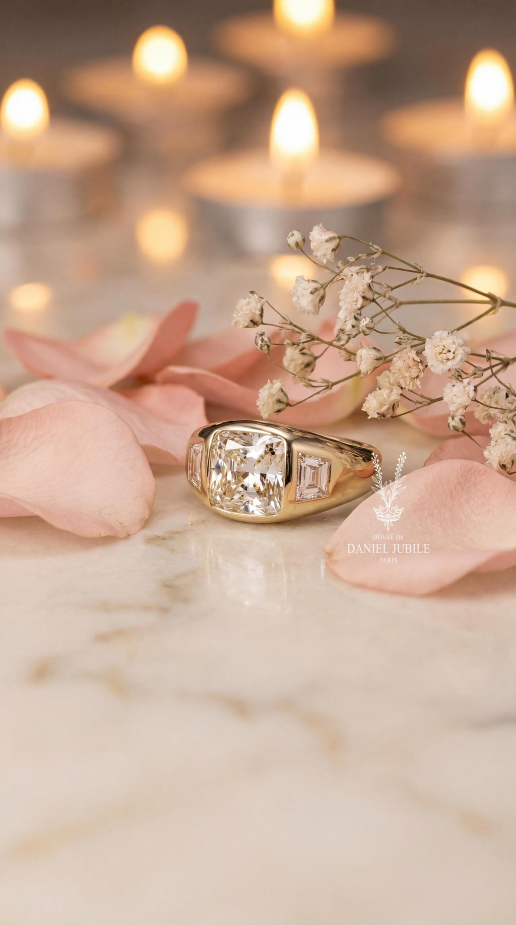 Cushion Cut Lab Diamond Engagement Ring, 14k Gold Bezel Set Trilogy