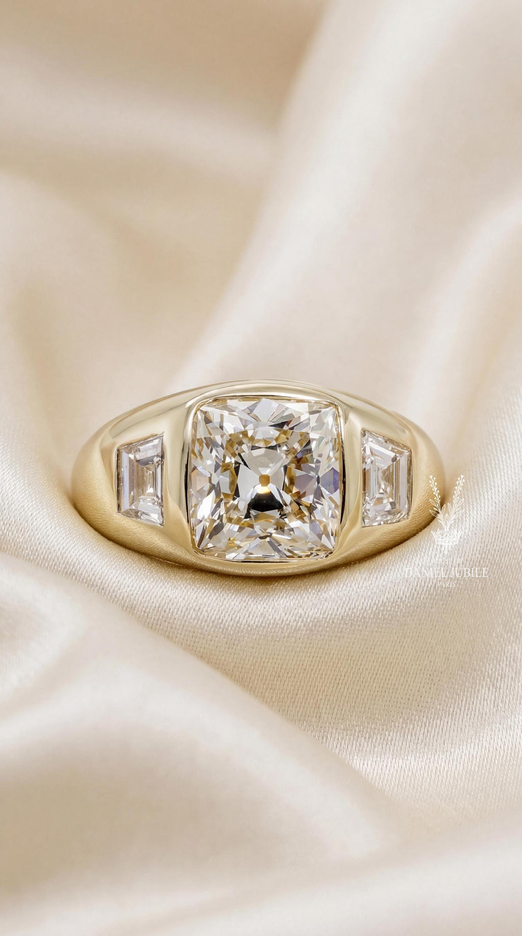 Cushion Cut Lab Diamond Engagement Ring, 14k Gold Bezel Set Trilogy