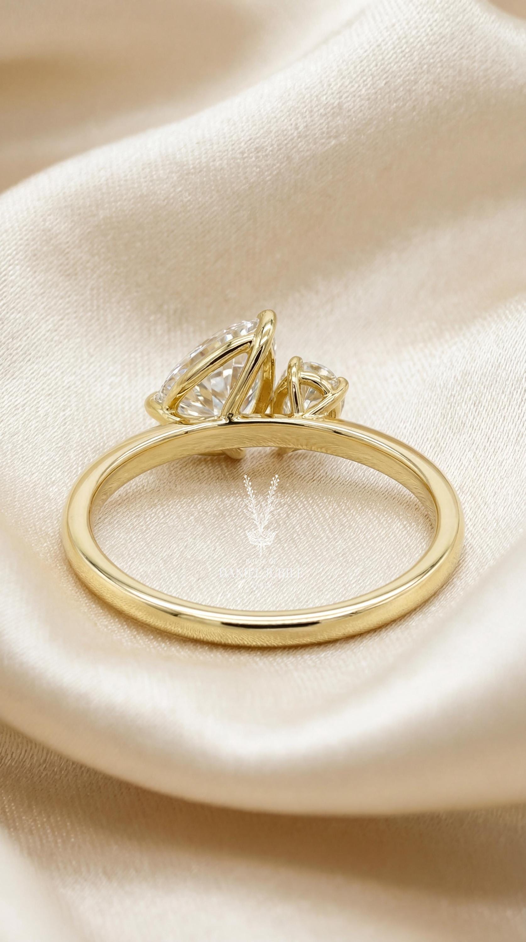 2ct Pear Cut Lab Diamond Ring Toi et Moi 14k Gold Engagement Ring