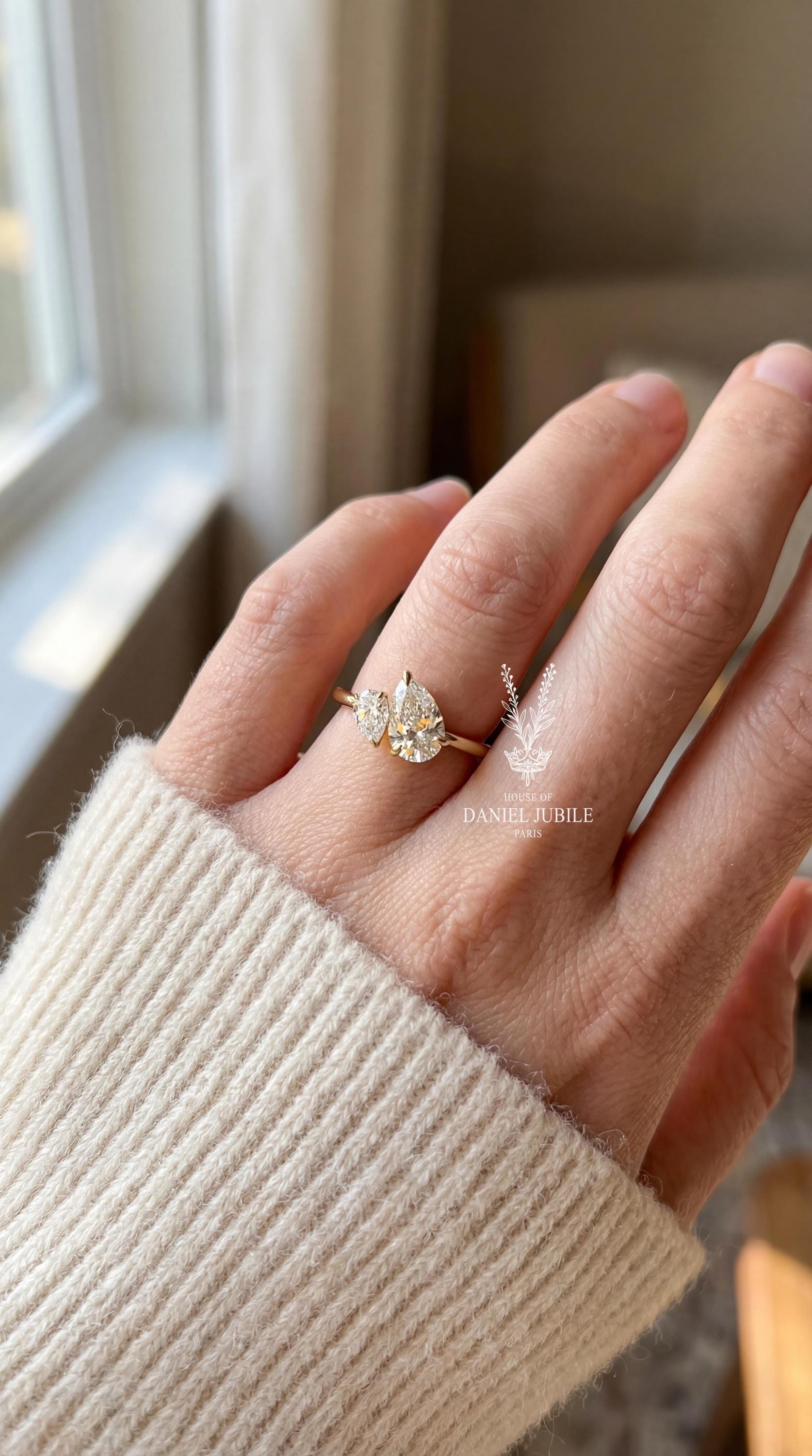 2ct Pear Cut Lab Diamond Ring Toi et Moi 14k Gold Engagement Ring