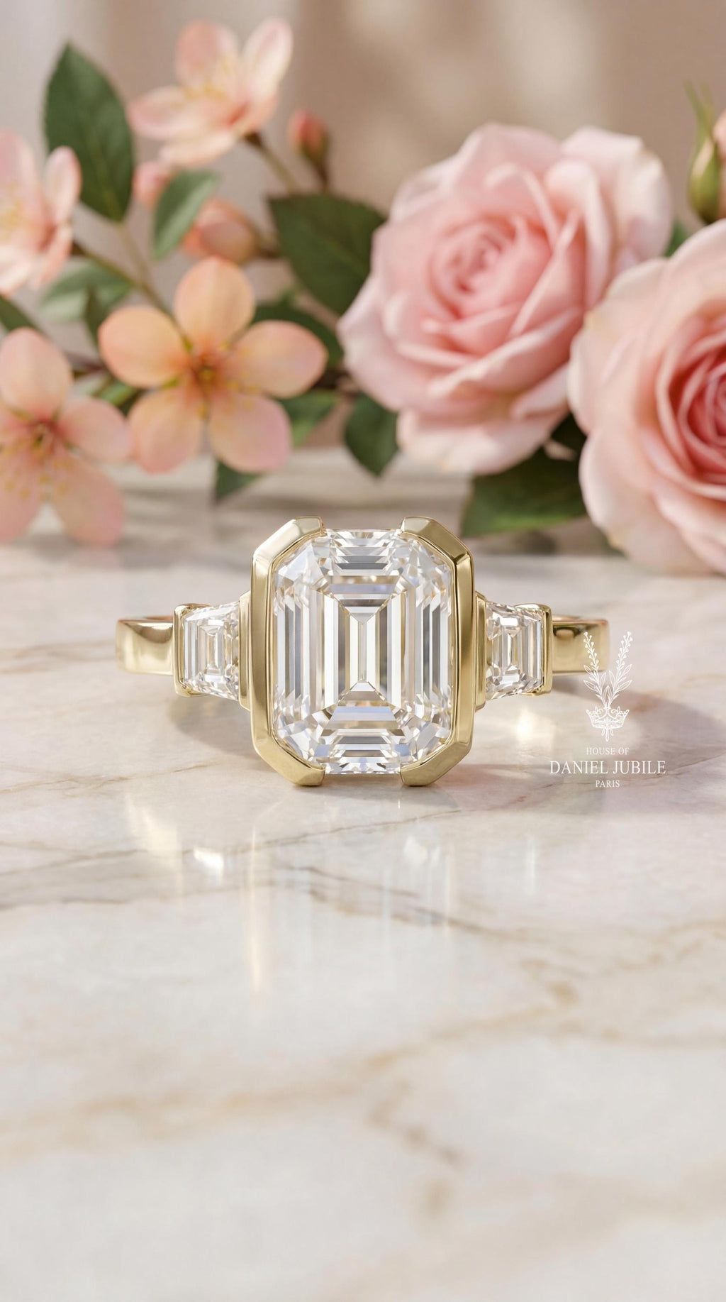 Emerald Cut Lab Engagement Diamond Ring, 14k Gold Art Deco Trapezoid Three Stone