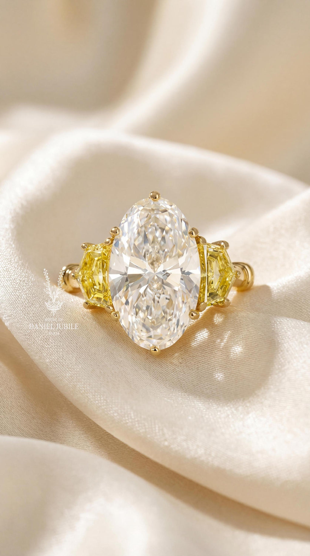 Oval Lab Engagement Diamond Ring: 14k Gold, Yellow Diamond Accents, Art Deco