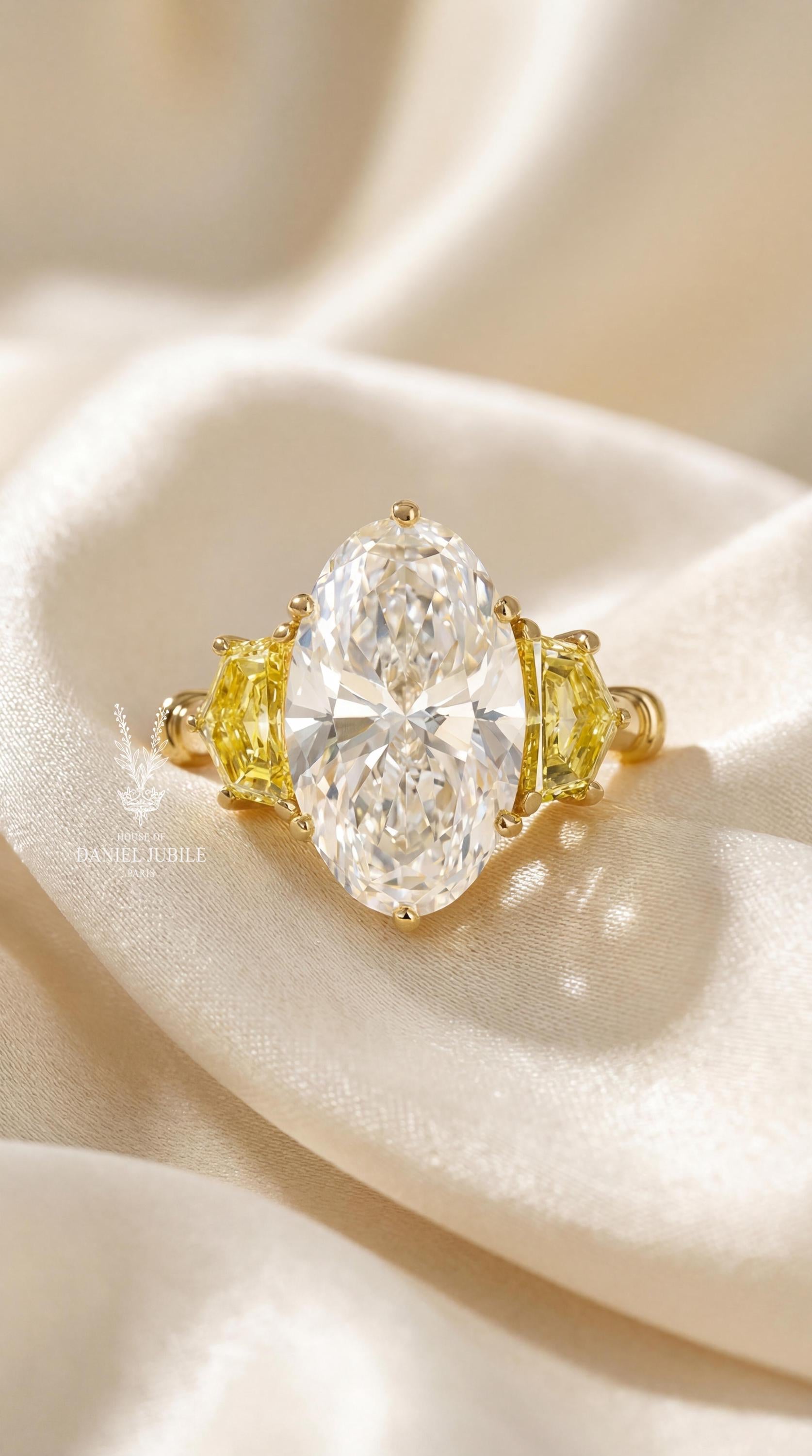 Oval Lab Engagement Diamond Ring: 14k Gold, Yellow Diamond Accents, Art Deco