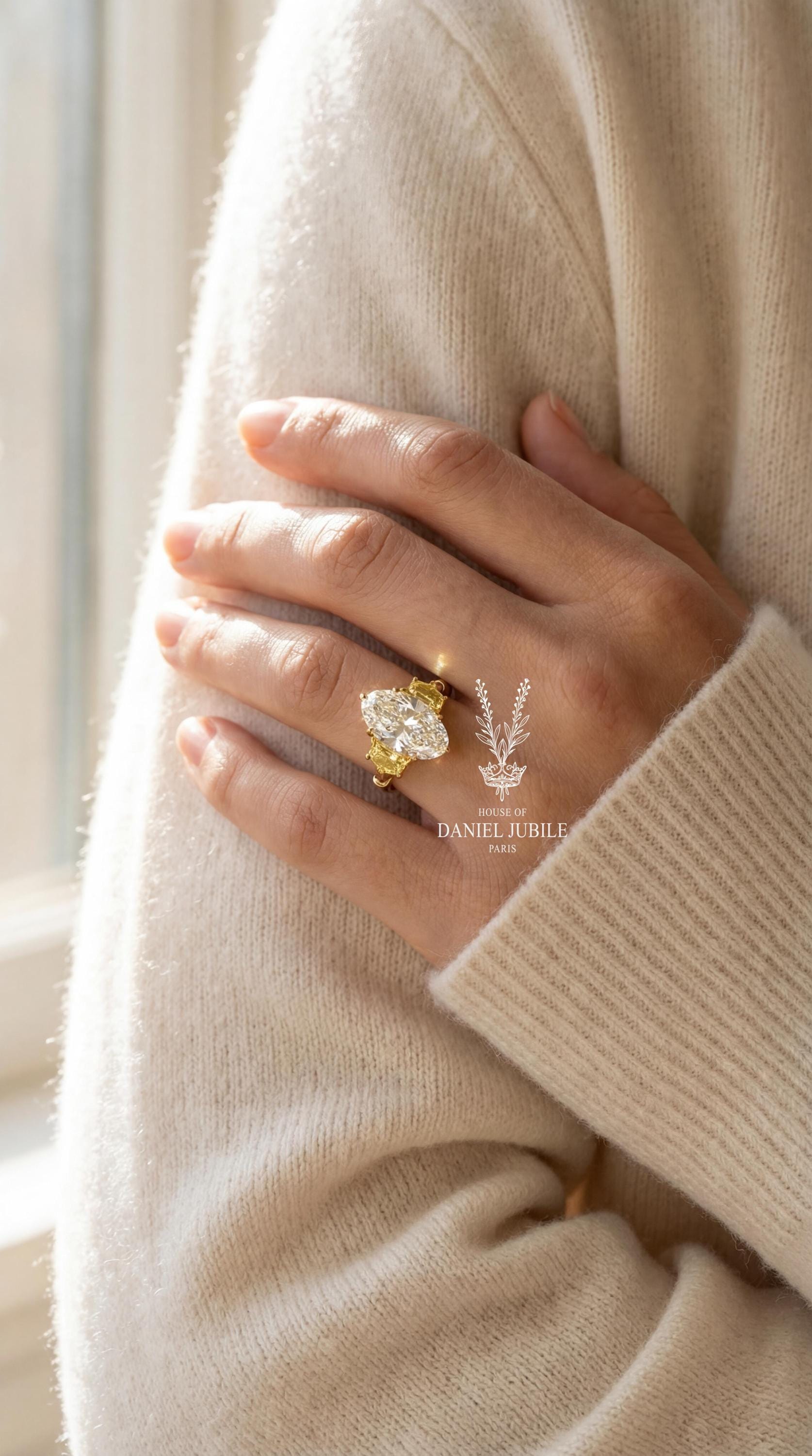 Oval Lab Engagement Diamond Ring: 14k Gold, Yellow Diamond Accents, Art Deco