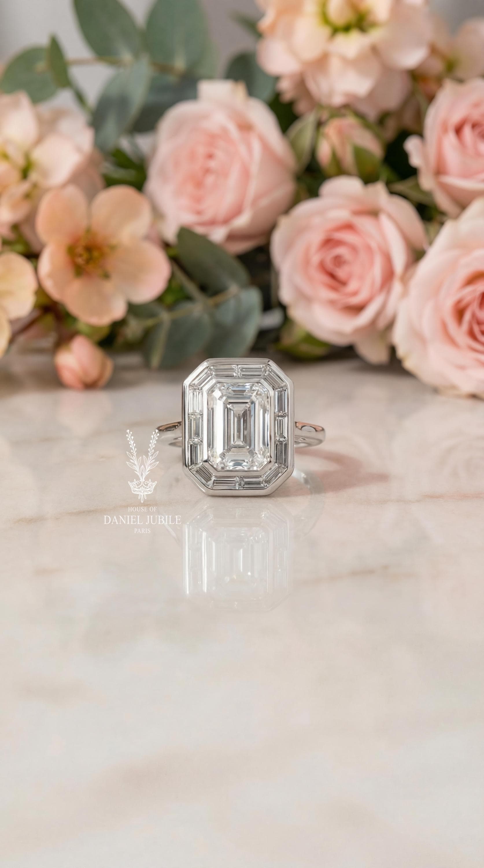 5 Carat Emerald Cut Lab Engagement Diamond Ring: 14k White Gold Art Deco Baguette Halo