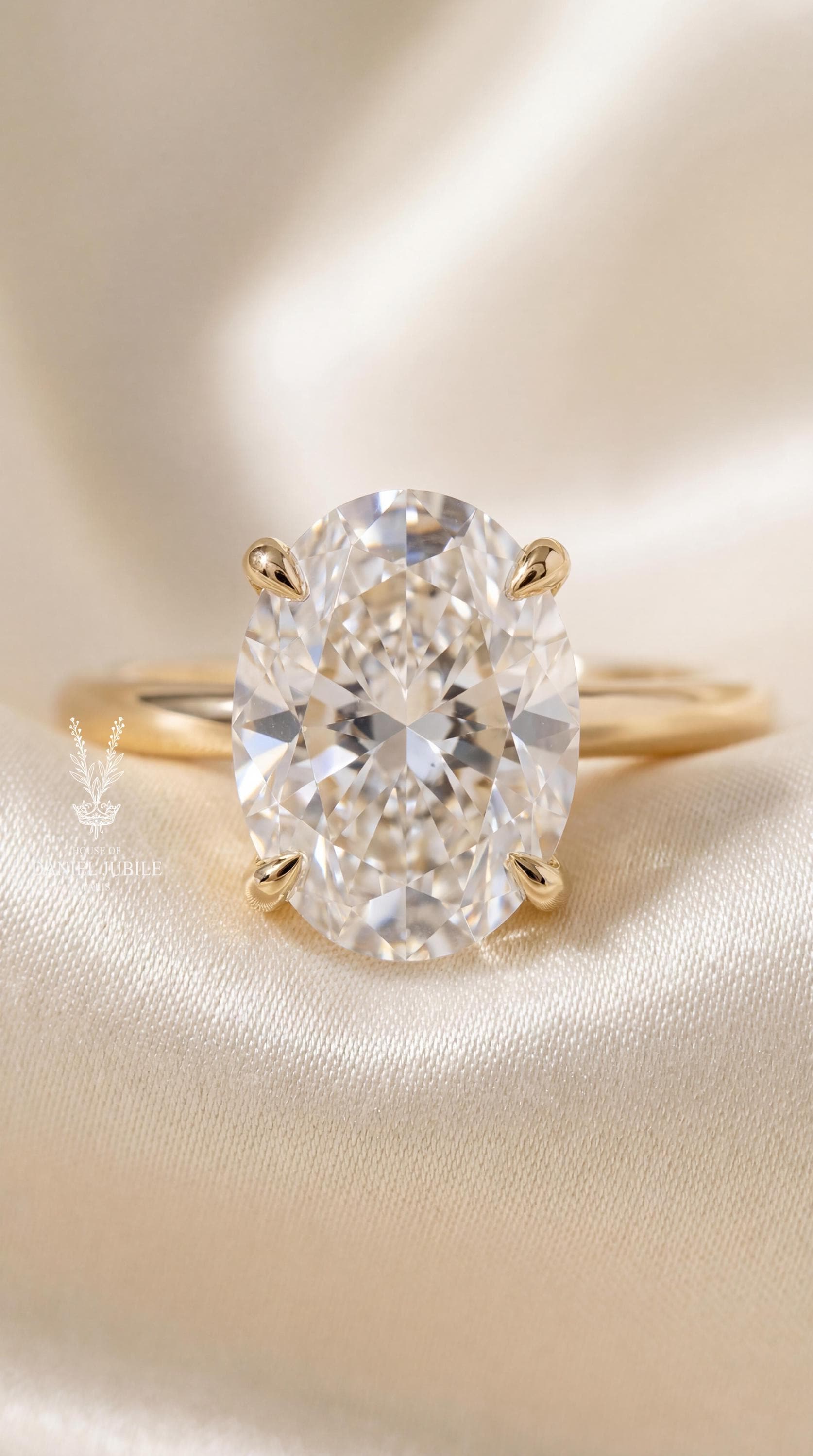5ct Oval Lab Diamond Engagement Ring, 14k Gold Hidden Halo Solitaire