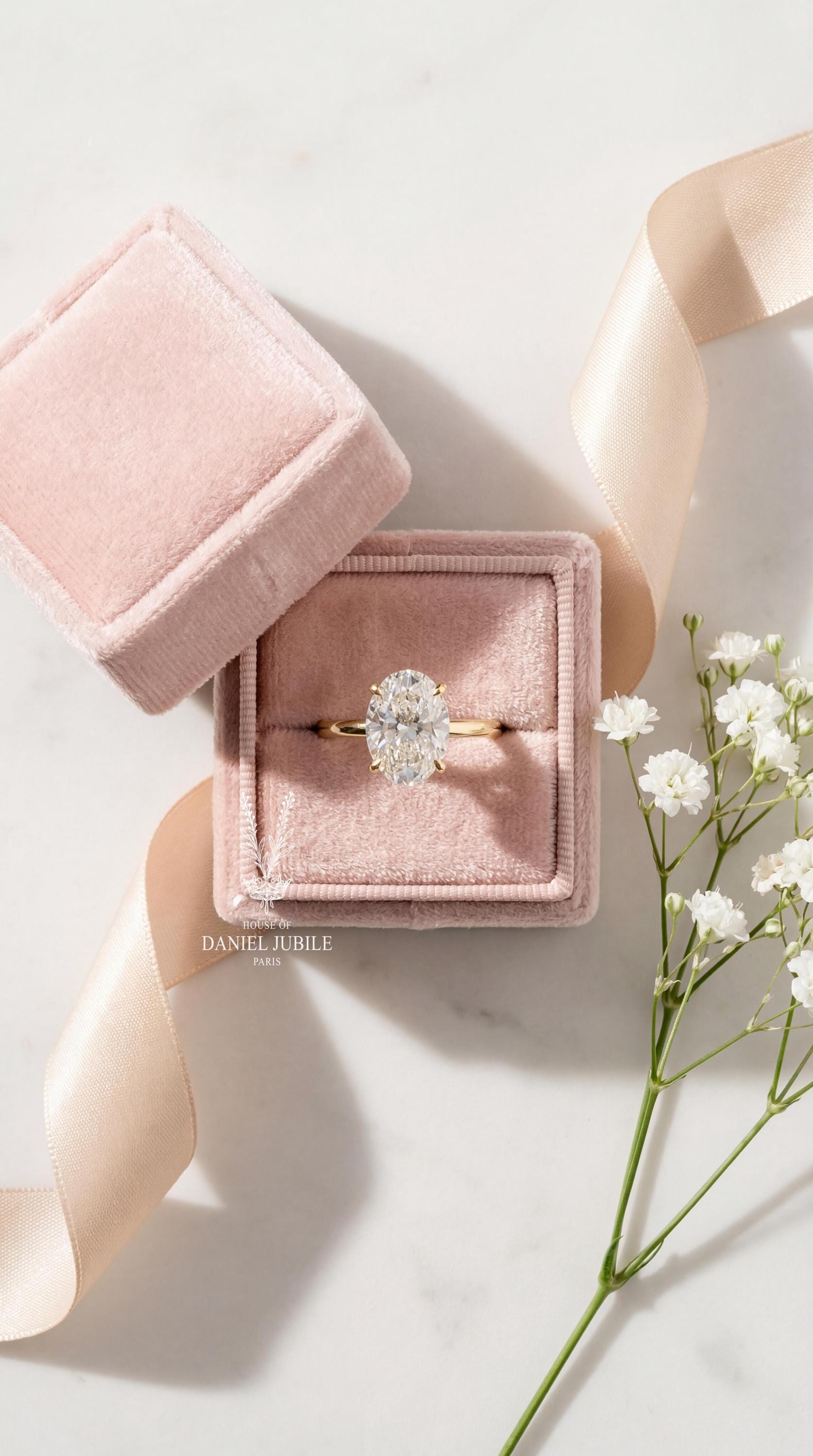 5ct Oval Lab Diamond Engagement Ring, 14k Gold Hidden Halo Solitaire