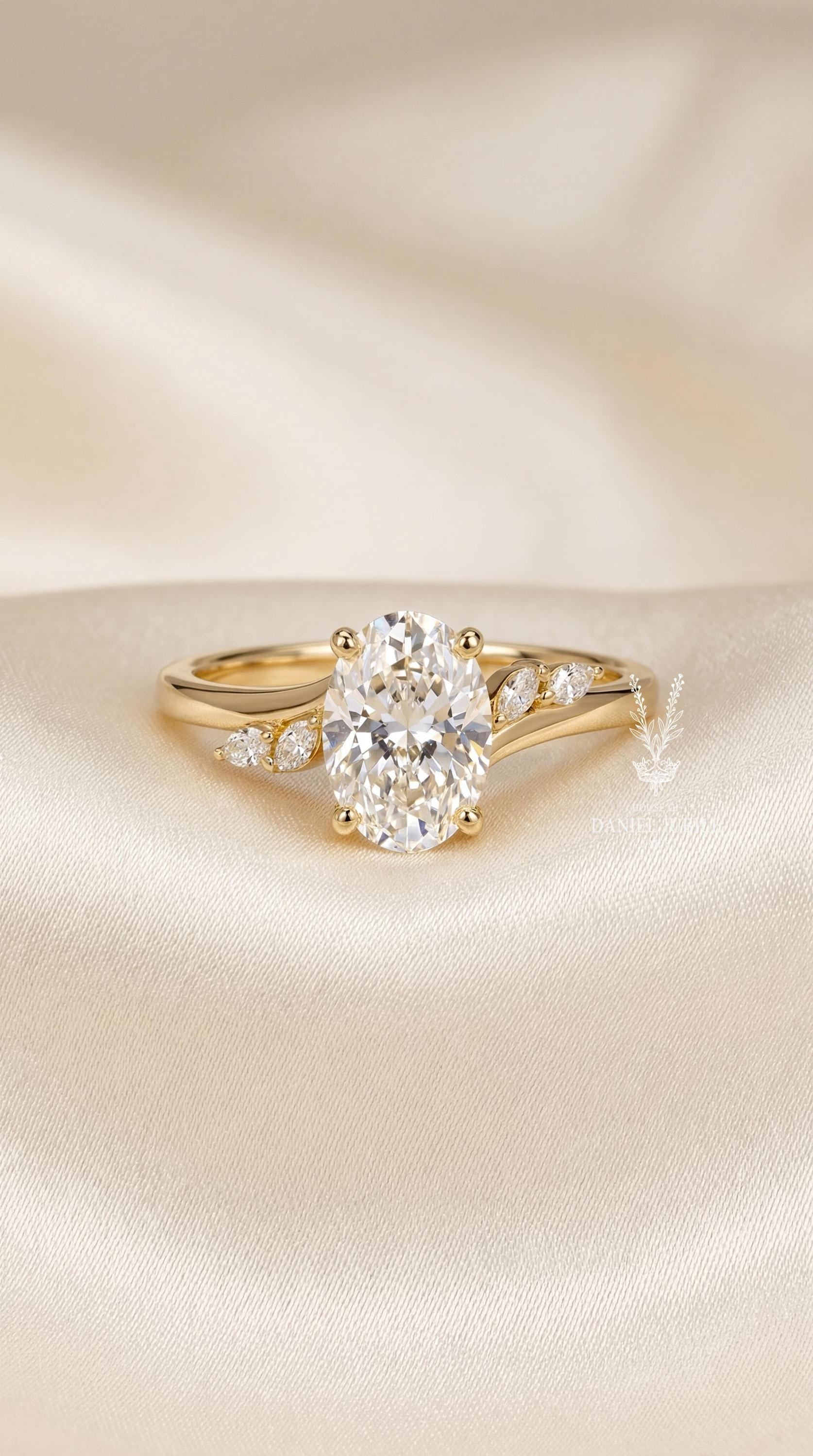 2ct Oval Lab Engagement Diamond Ring: 14k Gold Asymmetric Marquise Cluster