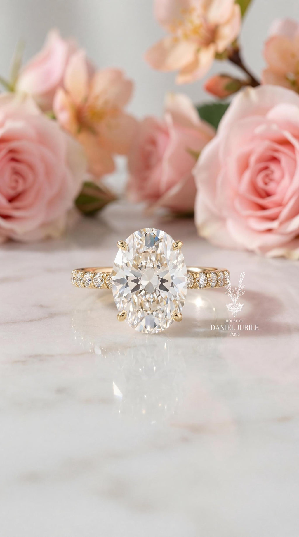 8Carat Oval Lab Engagement Diamond Ring, 14k Gold Marquise Cluster Hidden Halo