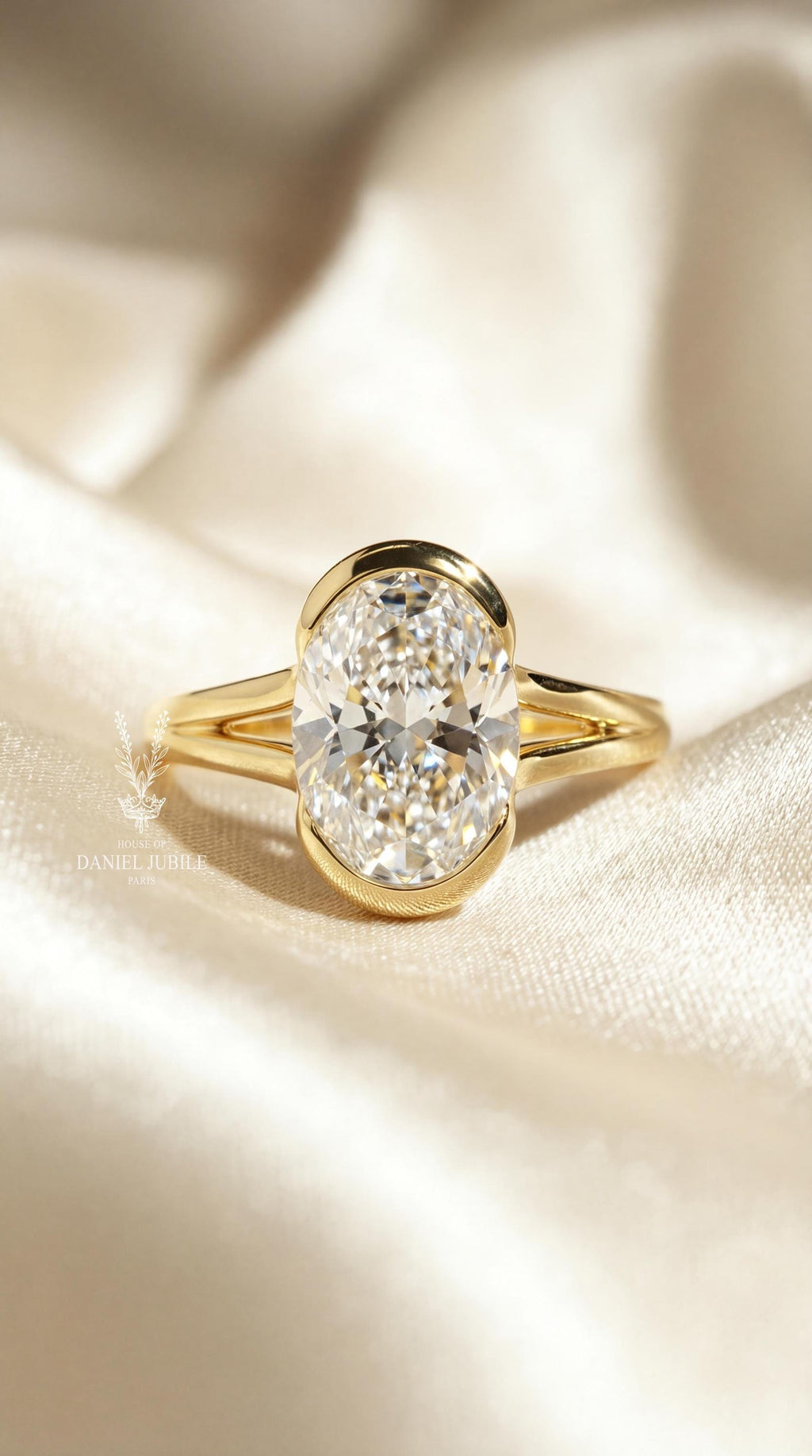 4ct Oval Lab Engagement Diamond Ring, 14k Gold Bezel Set Split Shank