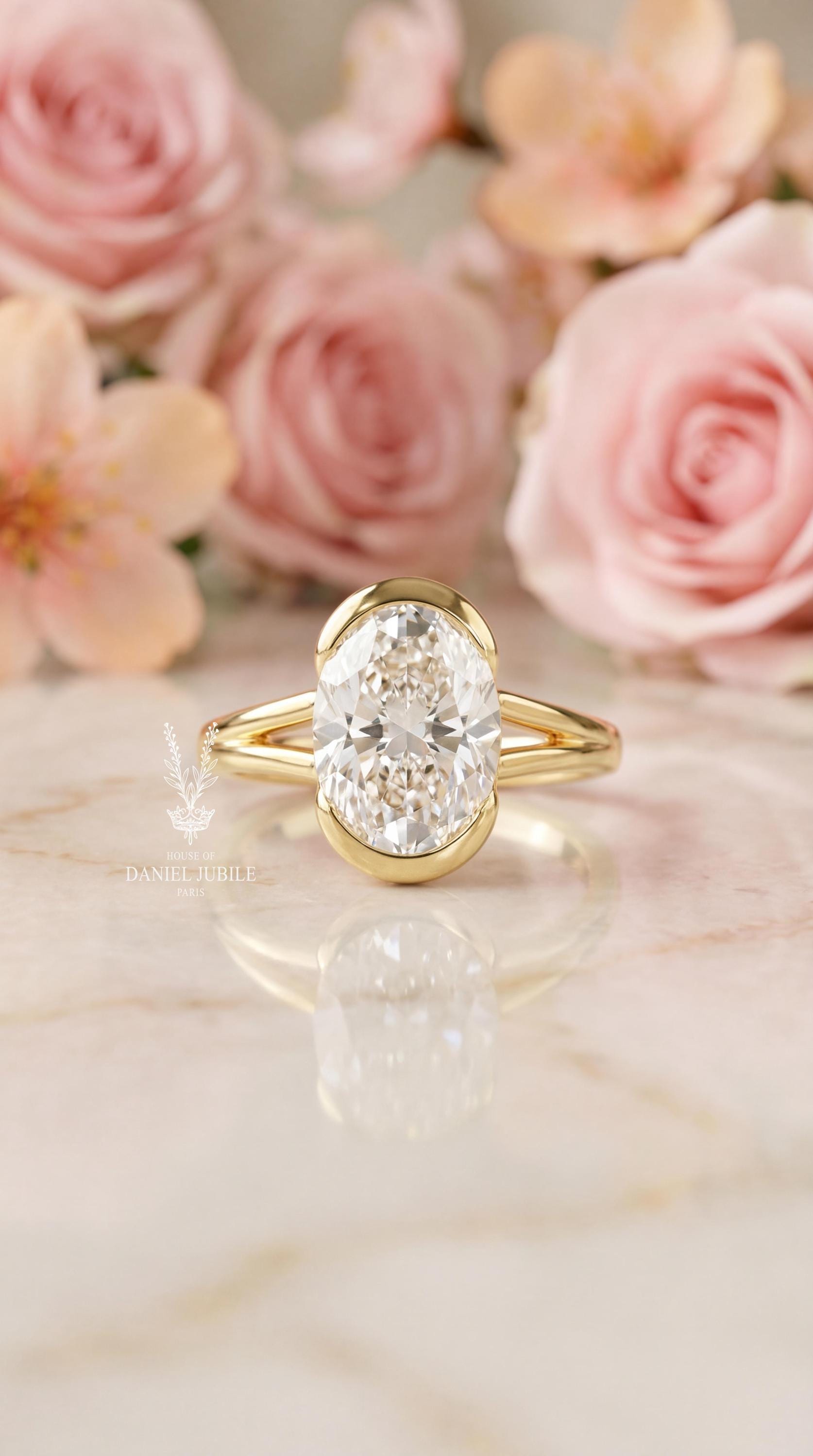 4ct Oval Lab Engagement Diamond Ring, 14k Gold Bezel Set Split Shank