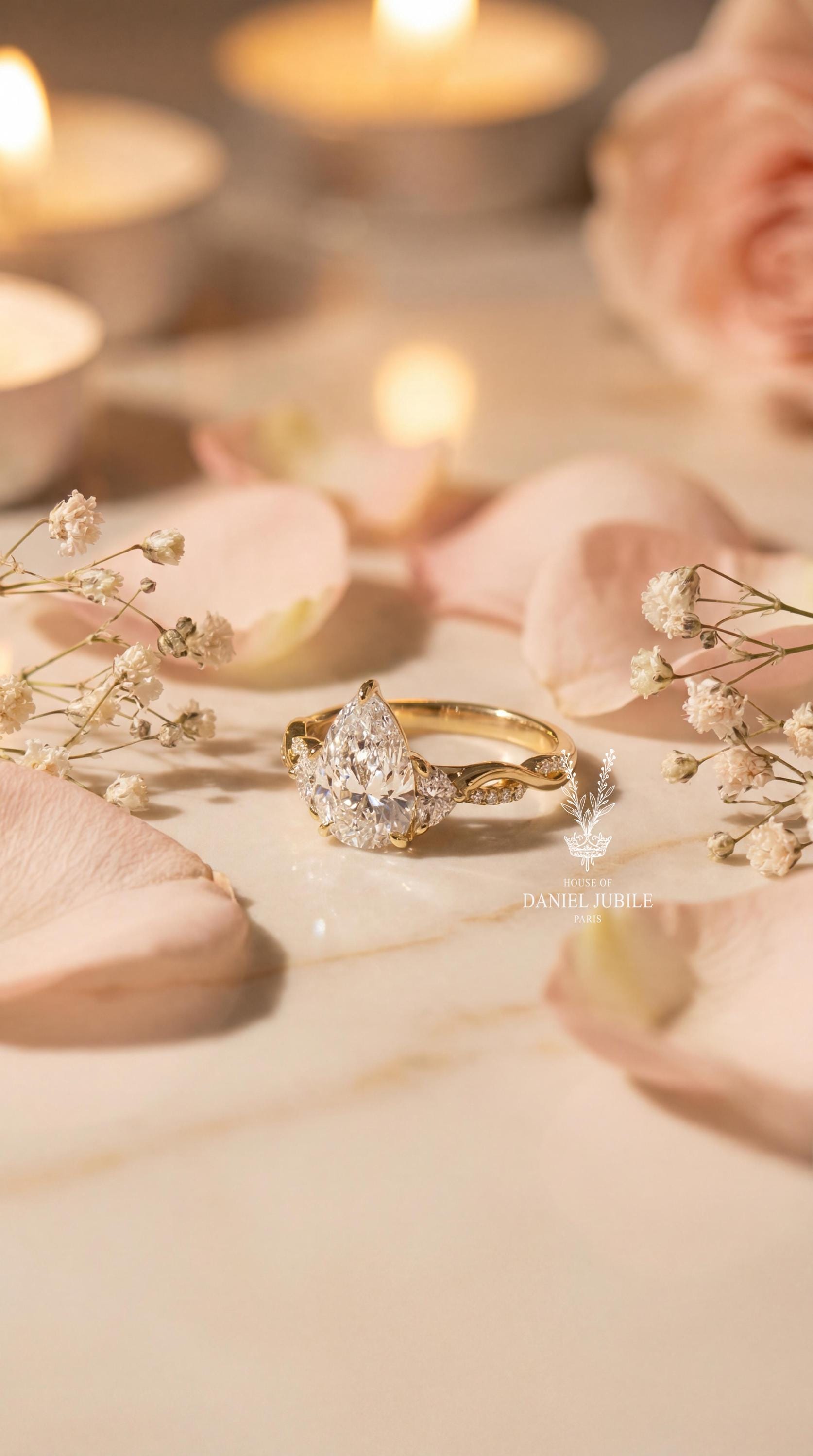 3ct Pear Cut Lab Diamond Engagement Ring, 14k Gold Bypass Solitaire