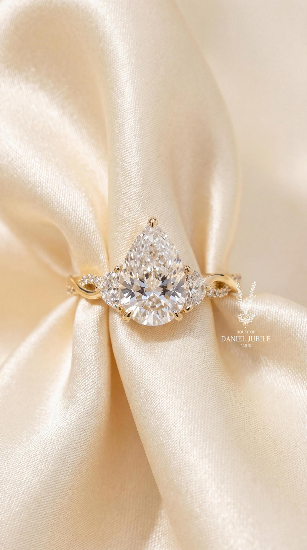 3ct Pear Cut Lab Diamond Engagement Ring, 14k Gold Bypass Solitaire