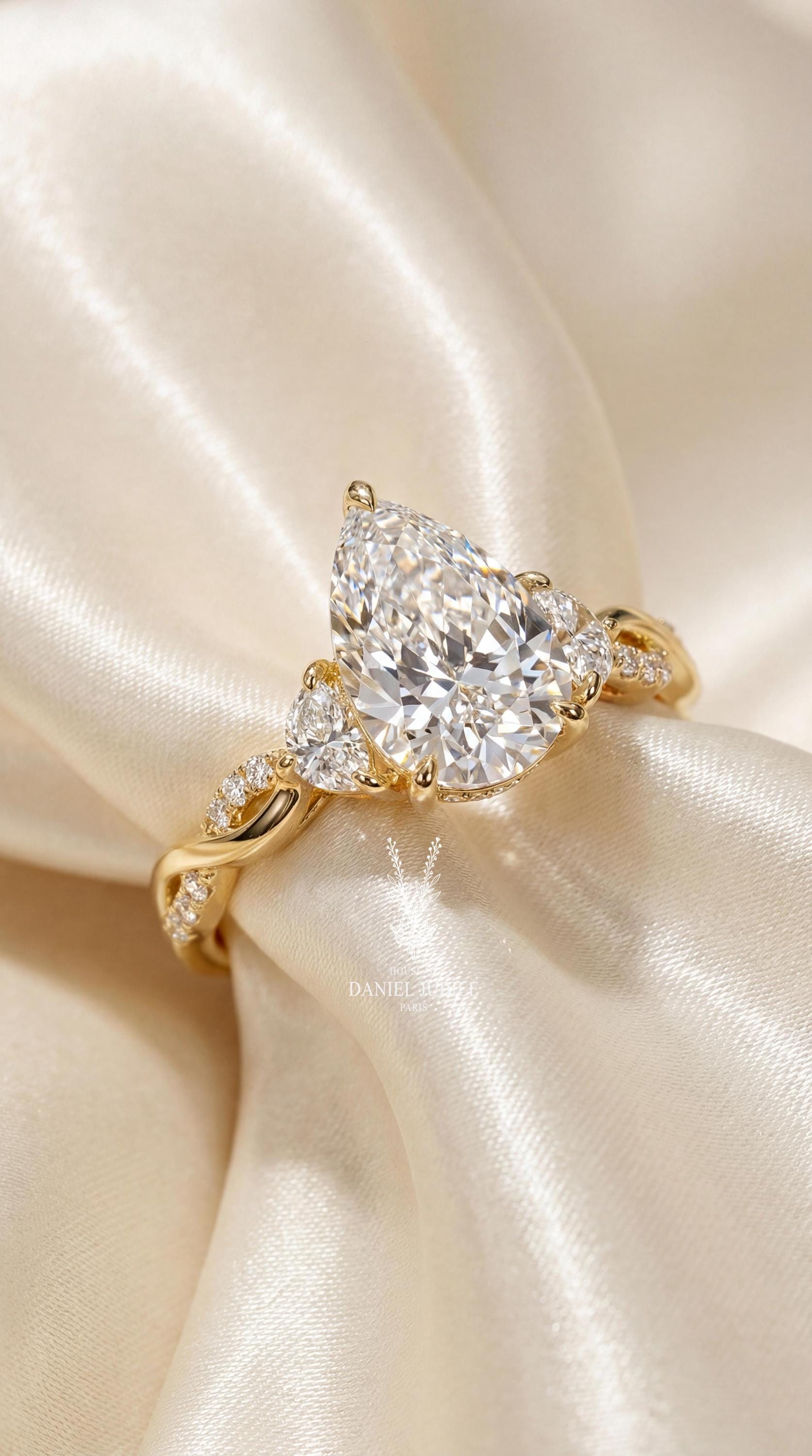 3ct Pear Cut Lab Diamond Engagement Ring, 14k Gold Bypass Solitaire