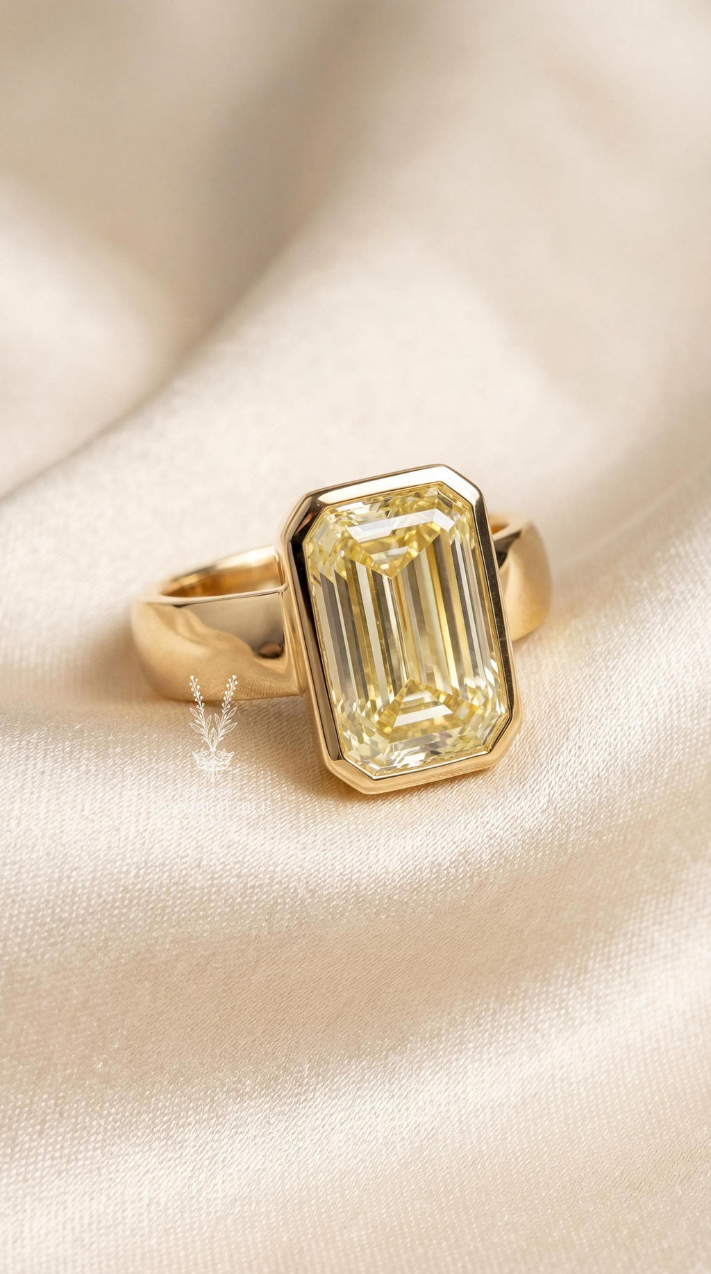 5ct Yellow Diamond Engagement Ring Emerald Cut Bezel Set Solitaire 14k Gold Cigar Band Chunky Wide Thick Statement Art Deco Modern