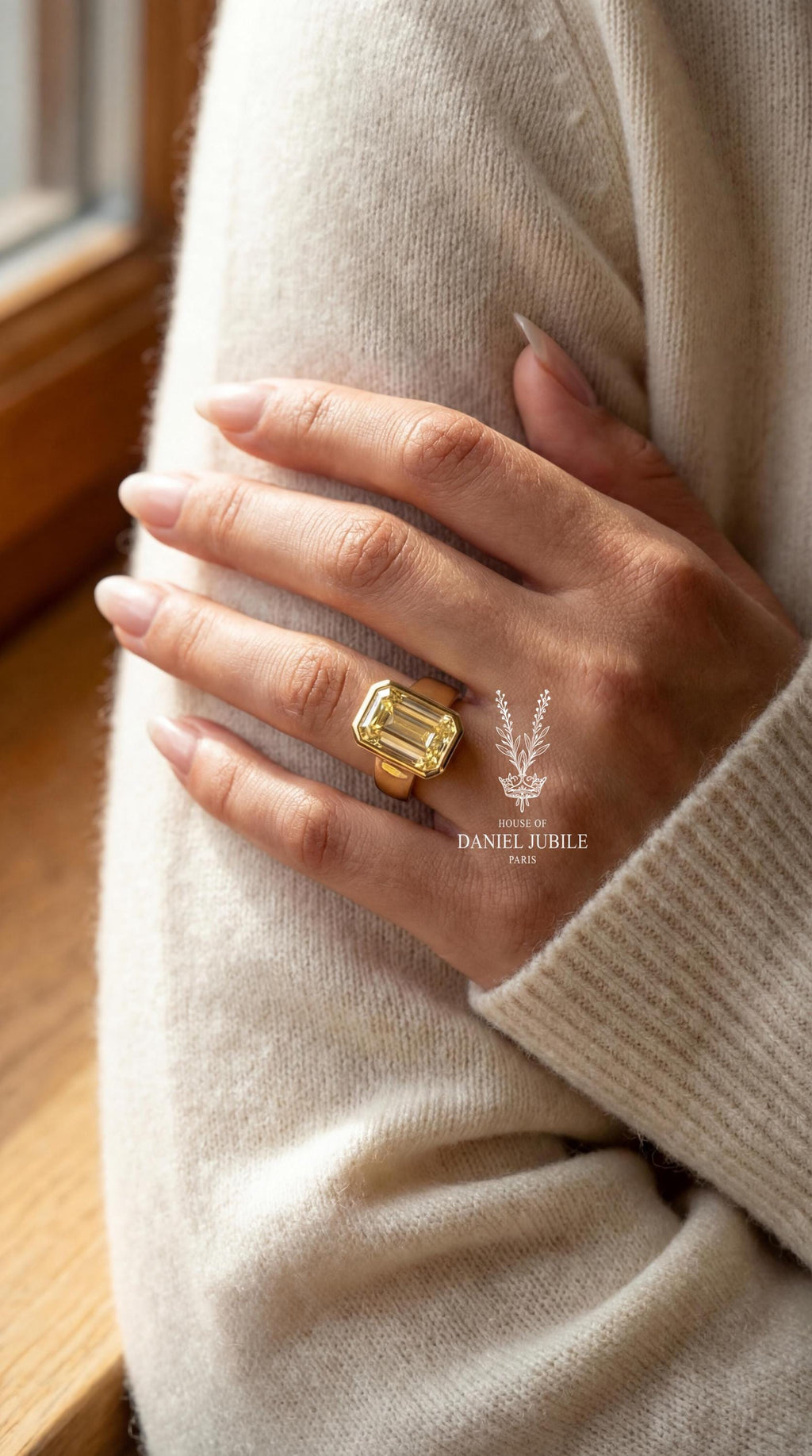 5ct Yellow Diamond Engagement Ring Emerald Cut Bezel Set Solitaire 14k Gold Cigar Band Chunky Wide Thick Statement Art Deco Modern