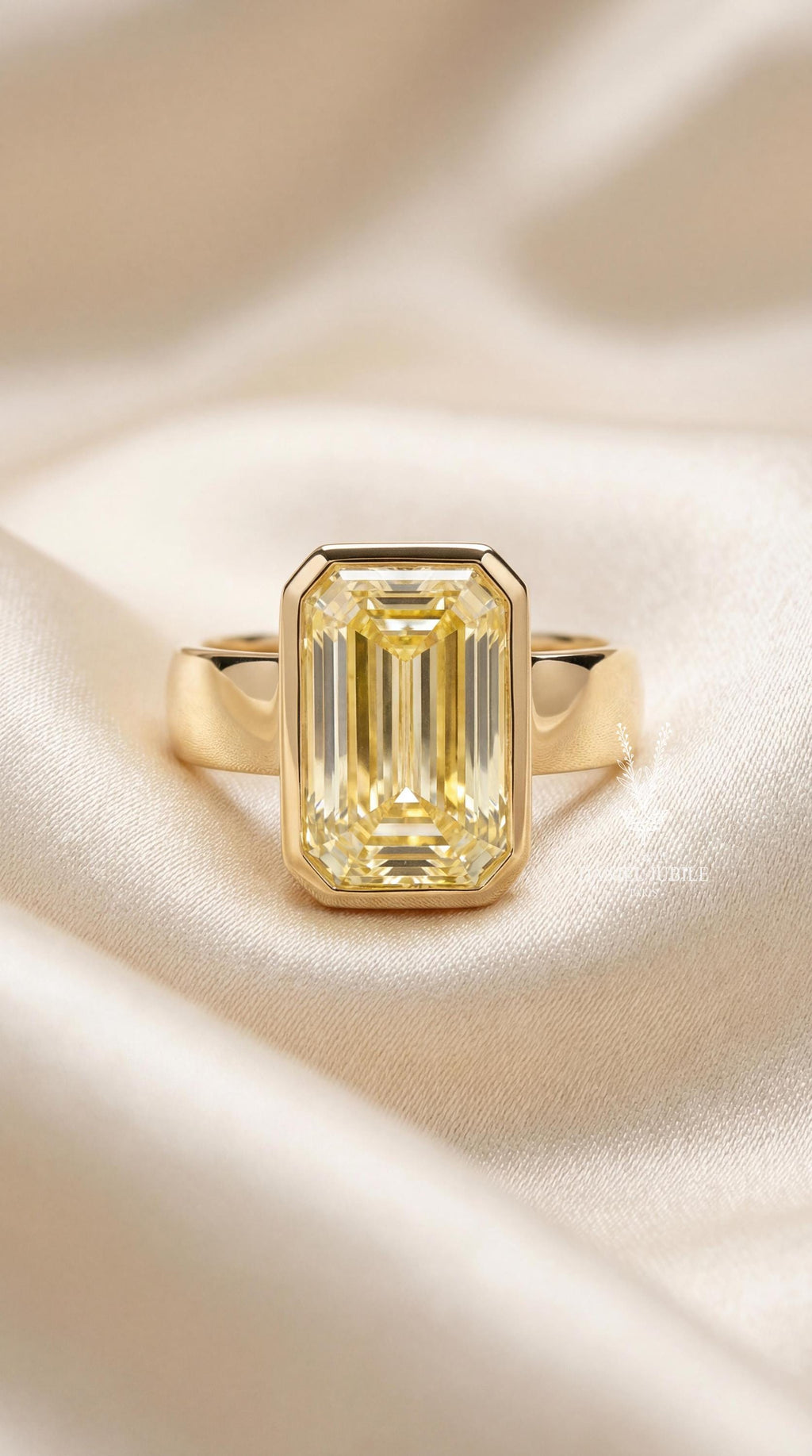 5ct Yellow Diamond Engagement Ring Emerald Cut Bezel Set Solitaire 14k Gold Cigar Band Chunky Wide Thick Statement Art Deco Modern