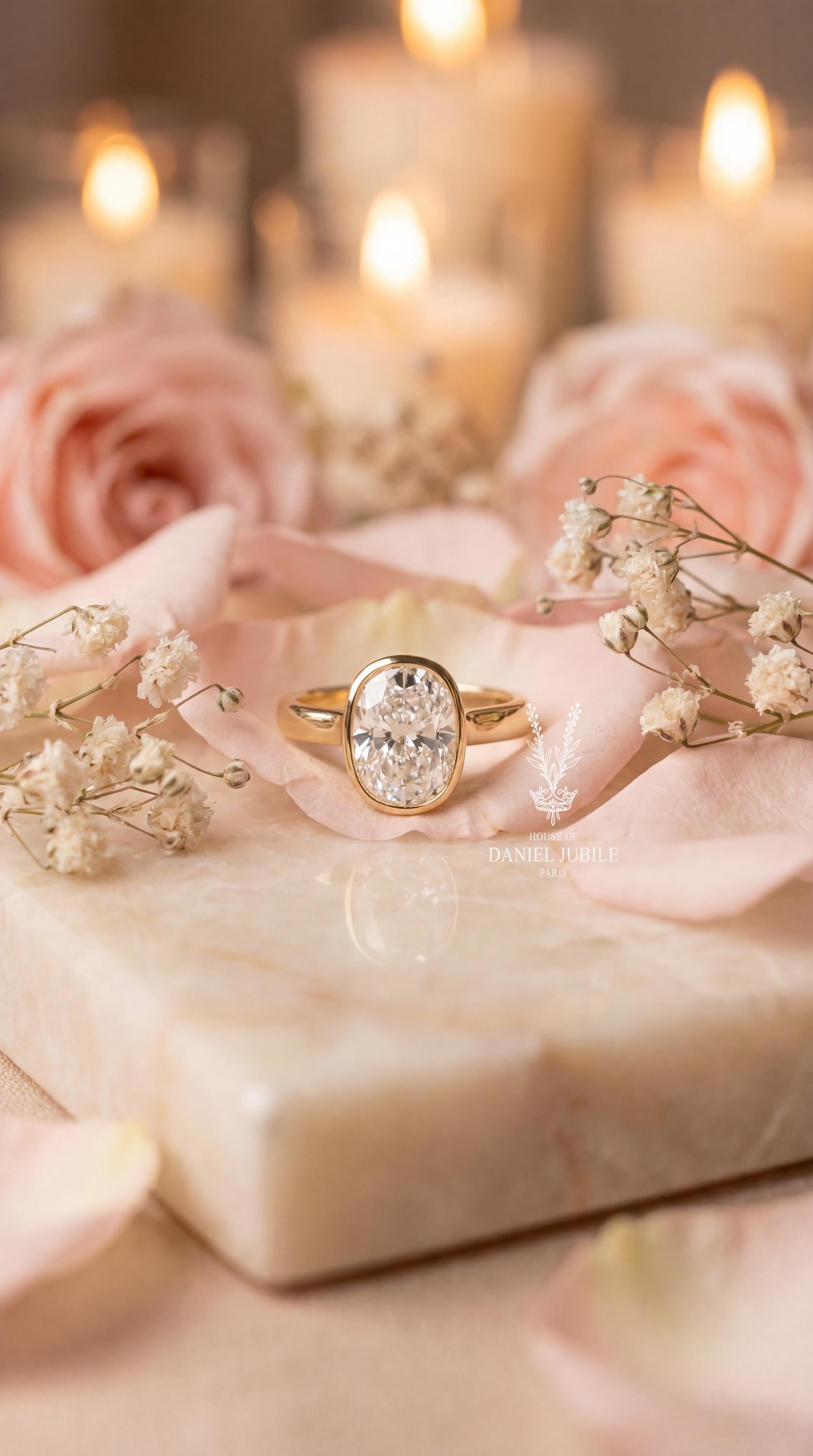 4ct Oval Lab Engagement Diamond Ring, 14k Gold Bezel Solitaire