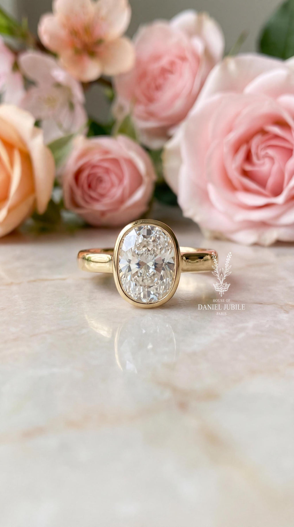 4ct Oval Lab Engagement Diamond Ring, 14k Gold Bezel Solitaire