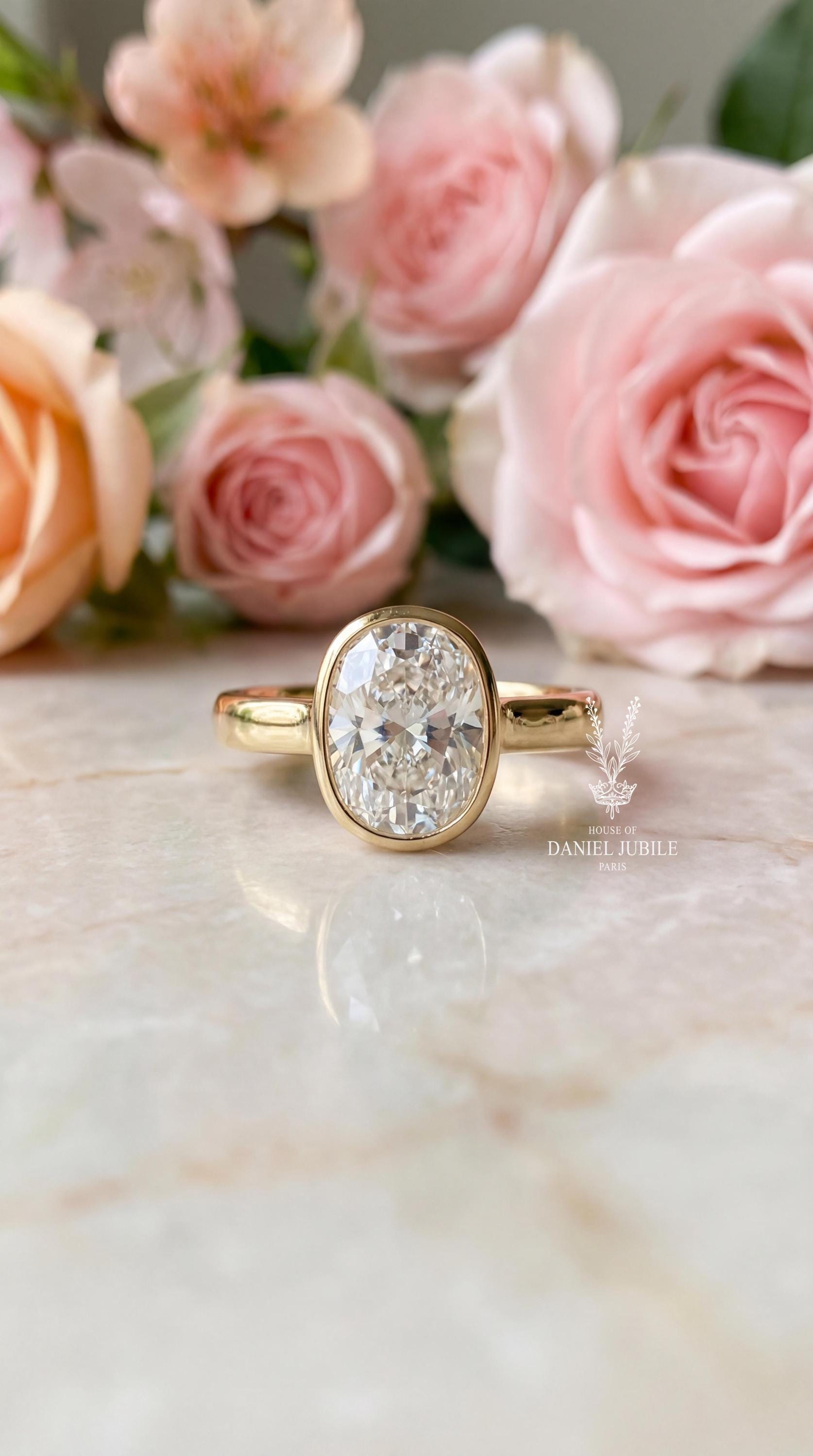 4ct Oval Lab Engagement Diamond Ring, 14k Gold Bezel Solitaire