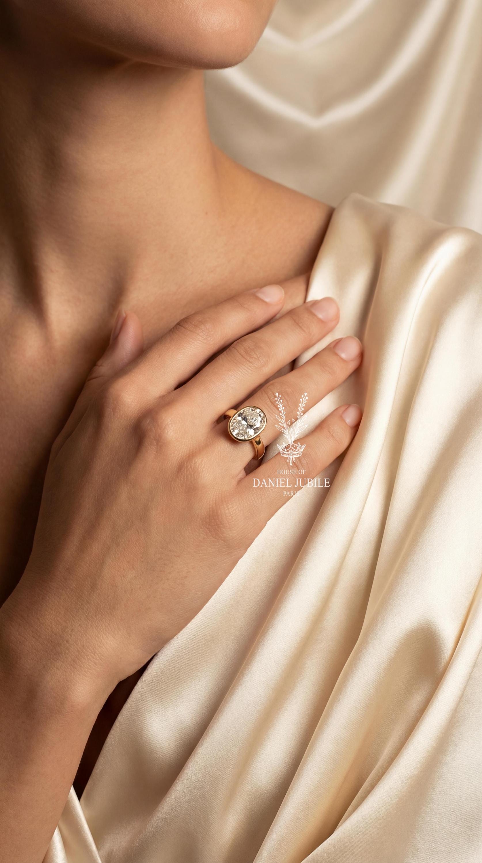 4ct Oval Lab Engagement Diamond Ring, 14k Gold Bezel Solitaire