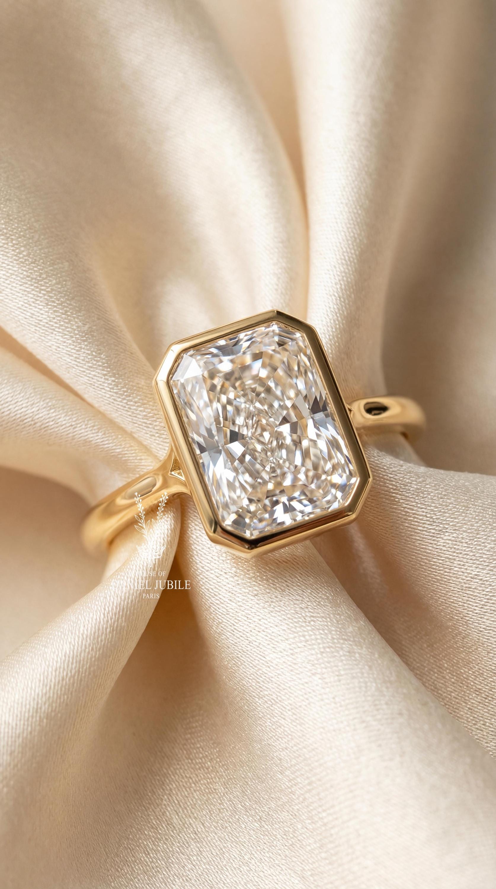 3 Carat Radiant Cut Lab Engagement Diamond Ring, 14k Gold Bezel Set