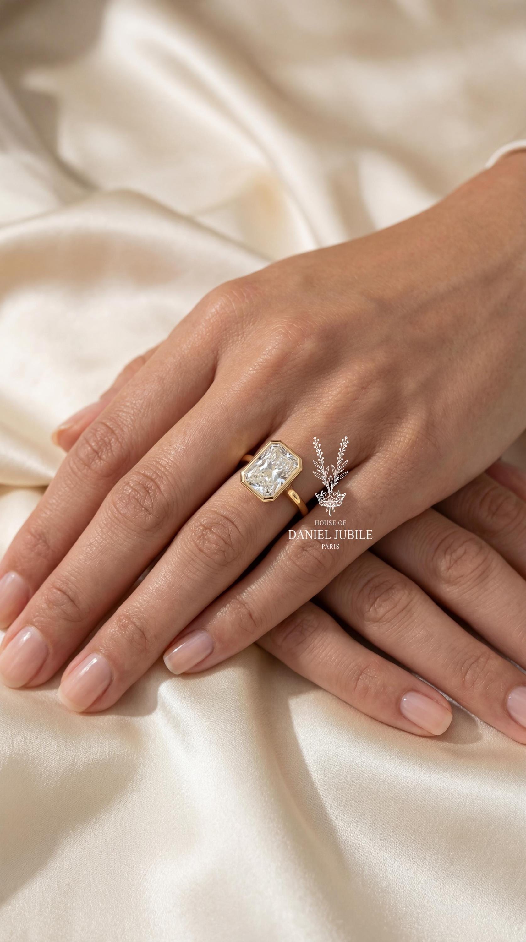 3 Carat Radiant Cut Lab Engagement Diamond Ring, 14k Gold Bezel Set