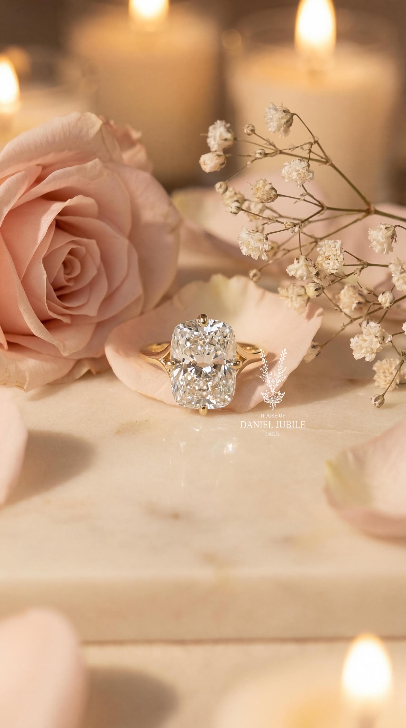 8ct Elongated Cushion Lab Diamond Engagement Ring: 14k Gold Split Shank