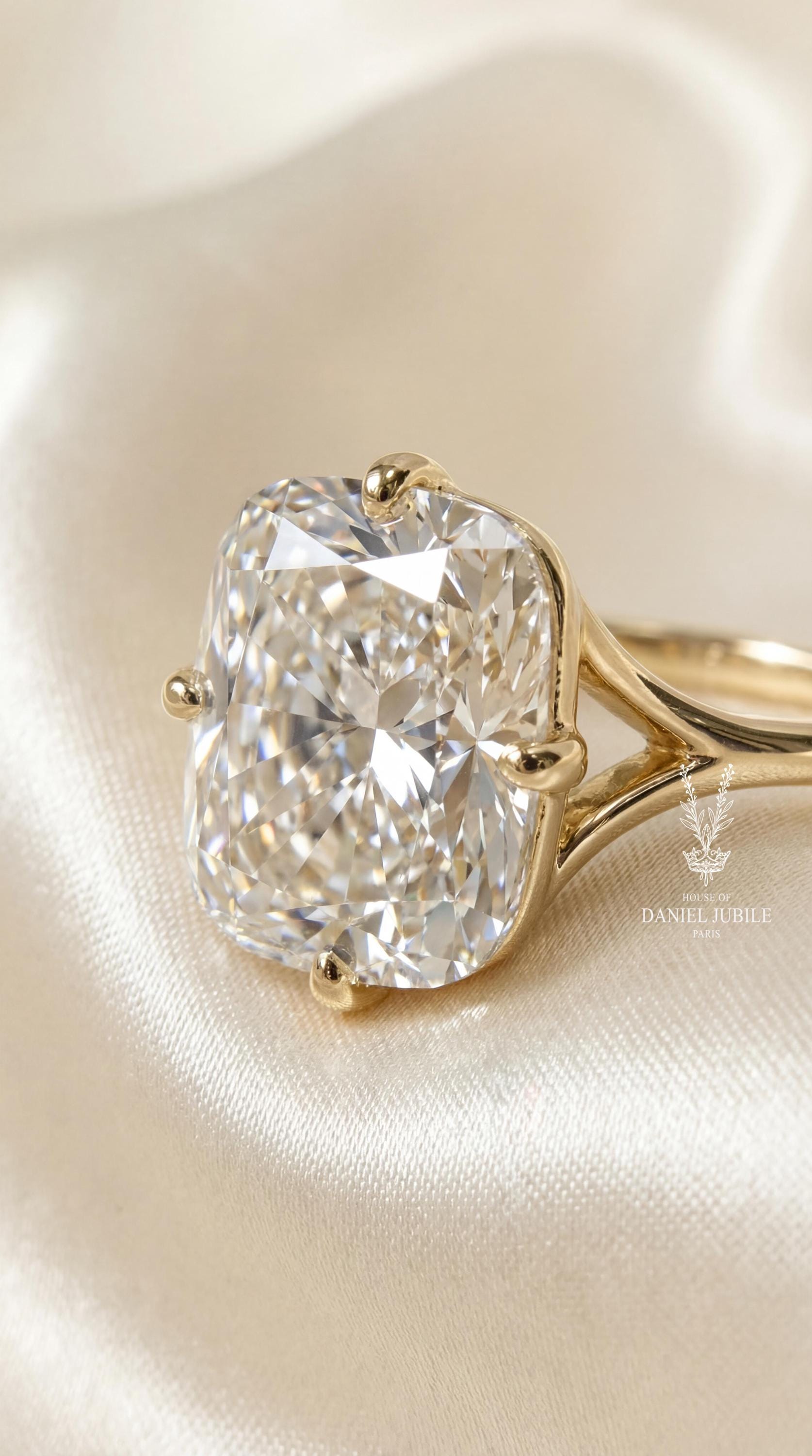 8ct Elongated Cushion Lab Diamond Engagement Ring: 14k Gold Split Shank