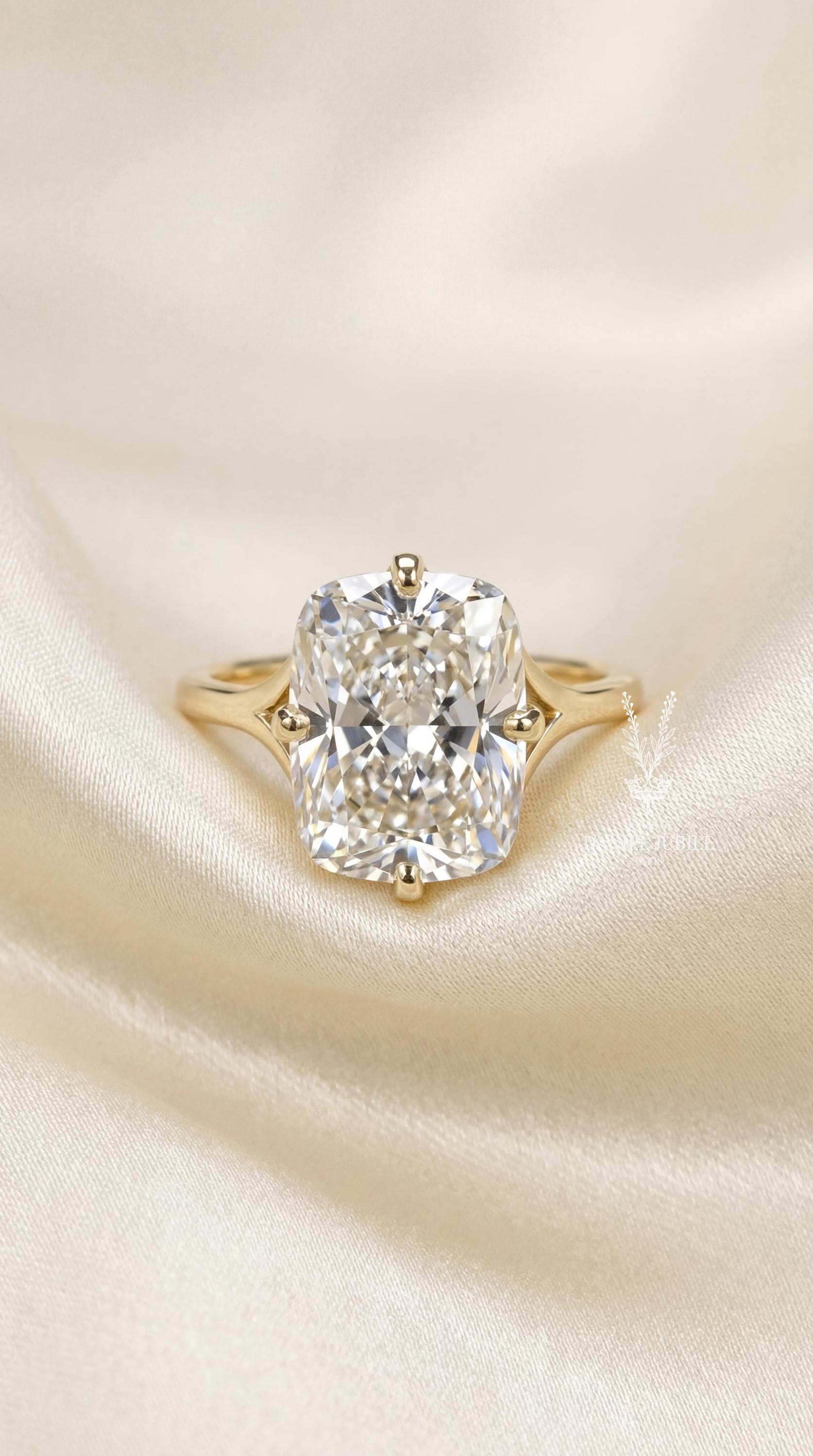 8ct Elongated Cushion Lab Diamond Engagement Ring: 14k Gold Split Shank