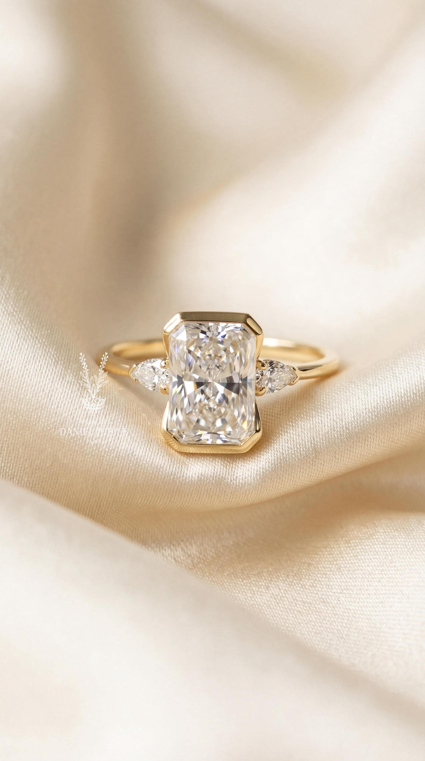 3Carat Radiant Cut Lab Grown Diamond Engagement Ring, 14k Gold Bezel Set Trilogy Ring