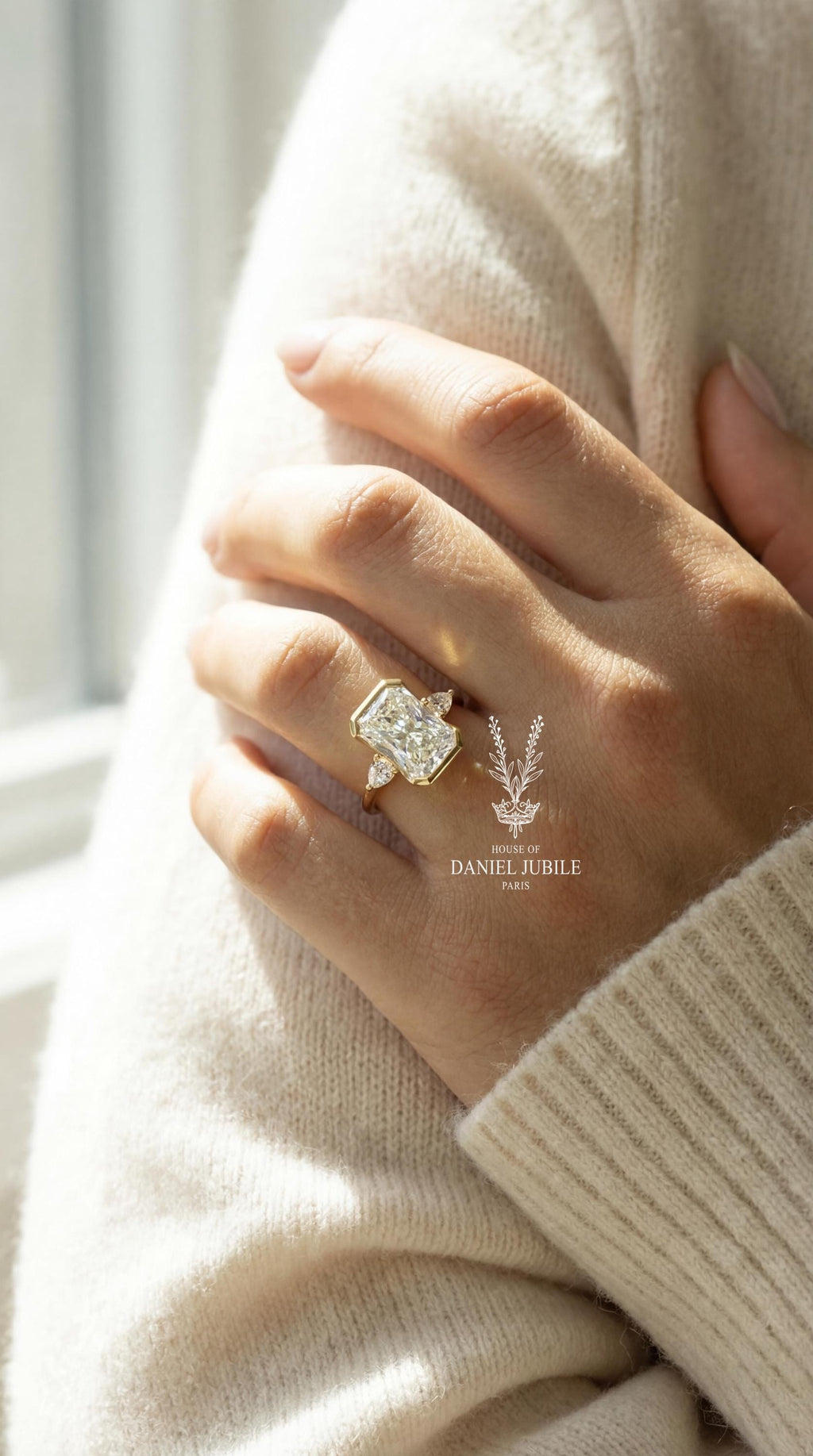 3Carat Radiant Cut Lab Grown Diamond Engagement Ring, 14k Gold Bezel Set Trilogy Ring