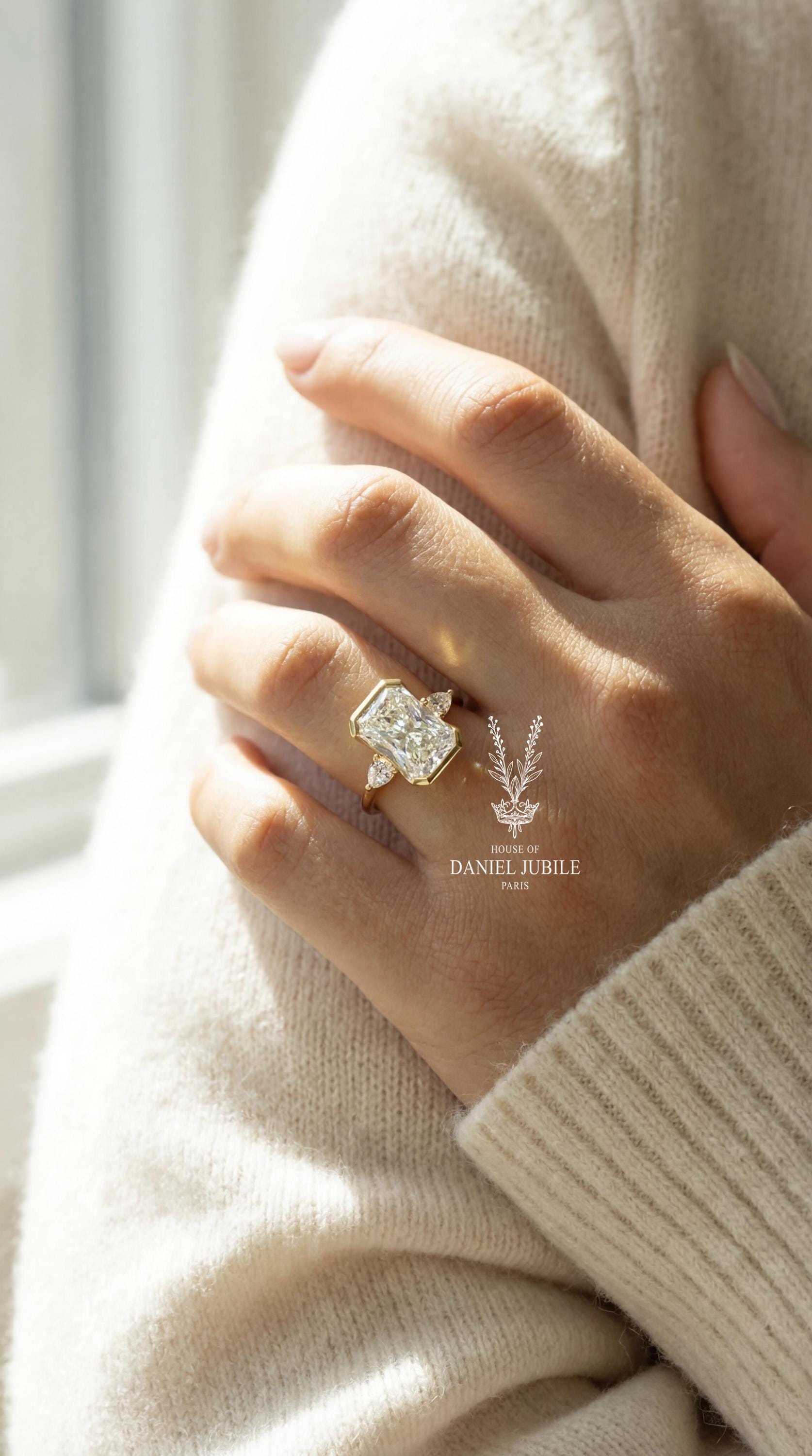 3Carat Radiant Cut Lab Grown Diamond Engagement Ring, 14k Gold Bezel Set Trilogy Ring