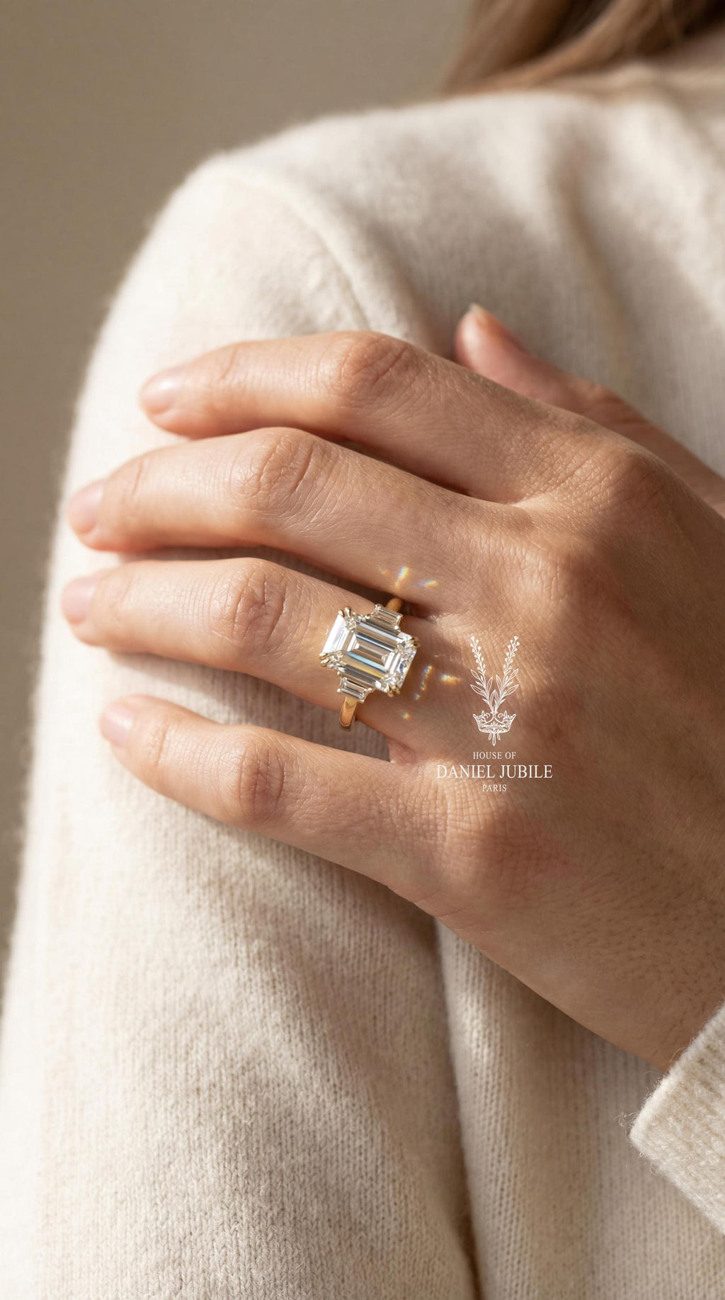 5Carat Art Deco Emerald Cut Lab Diamond Engagement Ring, Stepped Baguette, 14k Gold