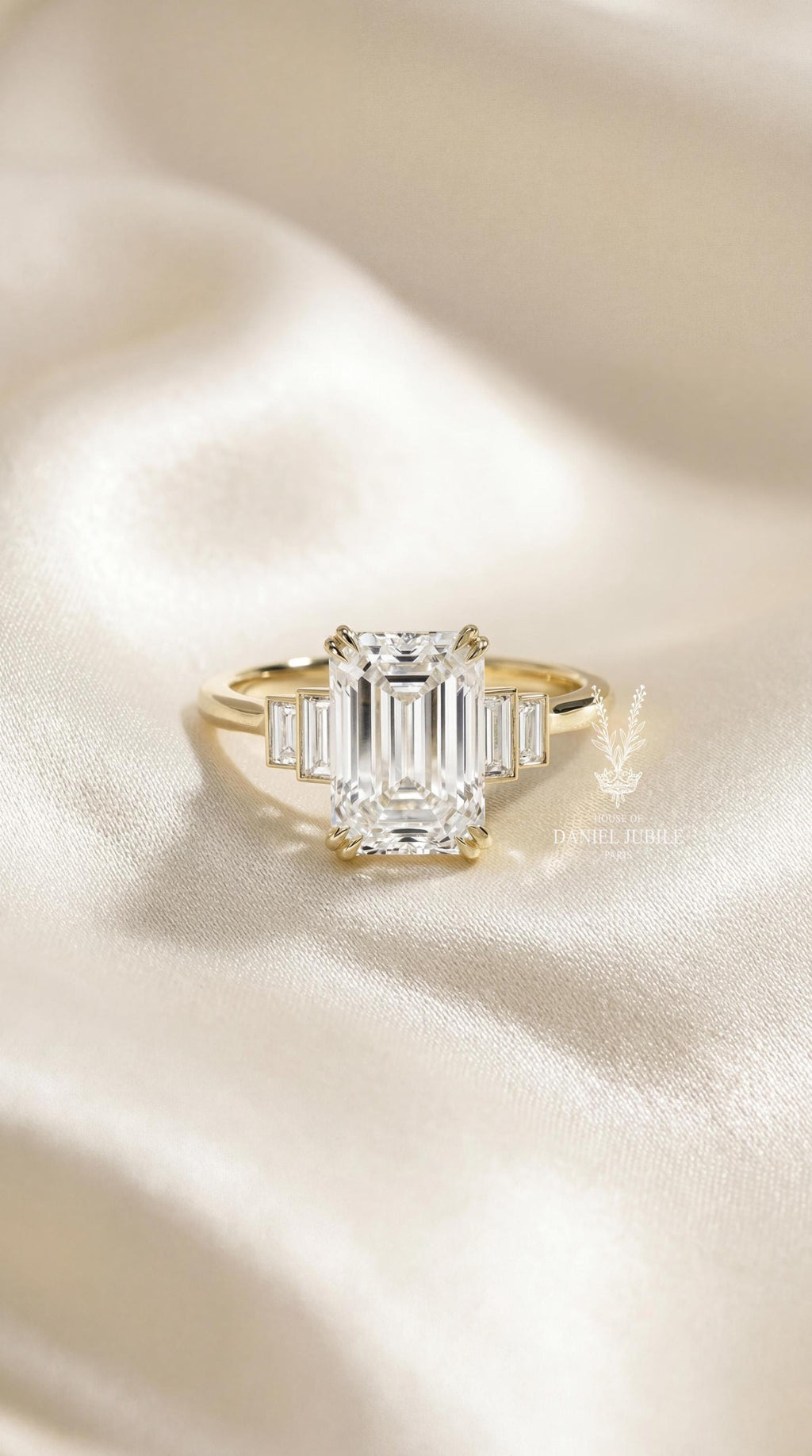 5Carat Art Deco Emerald Cut Lab Diamond Engagement Ring, Stepped Baguette, 14k Gold