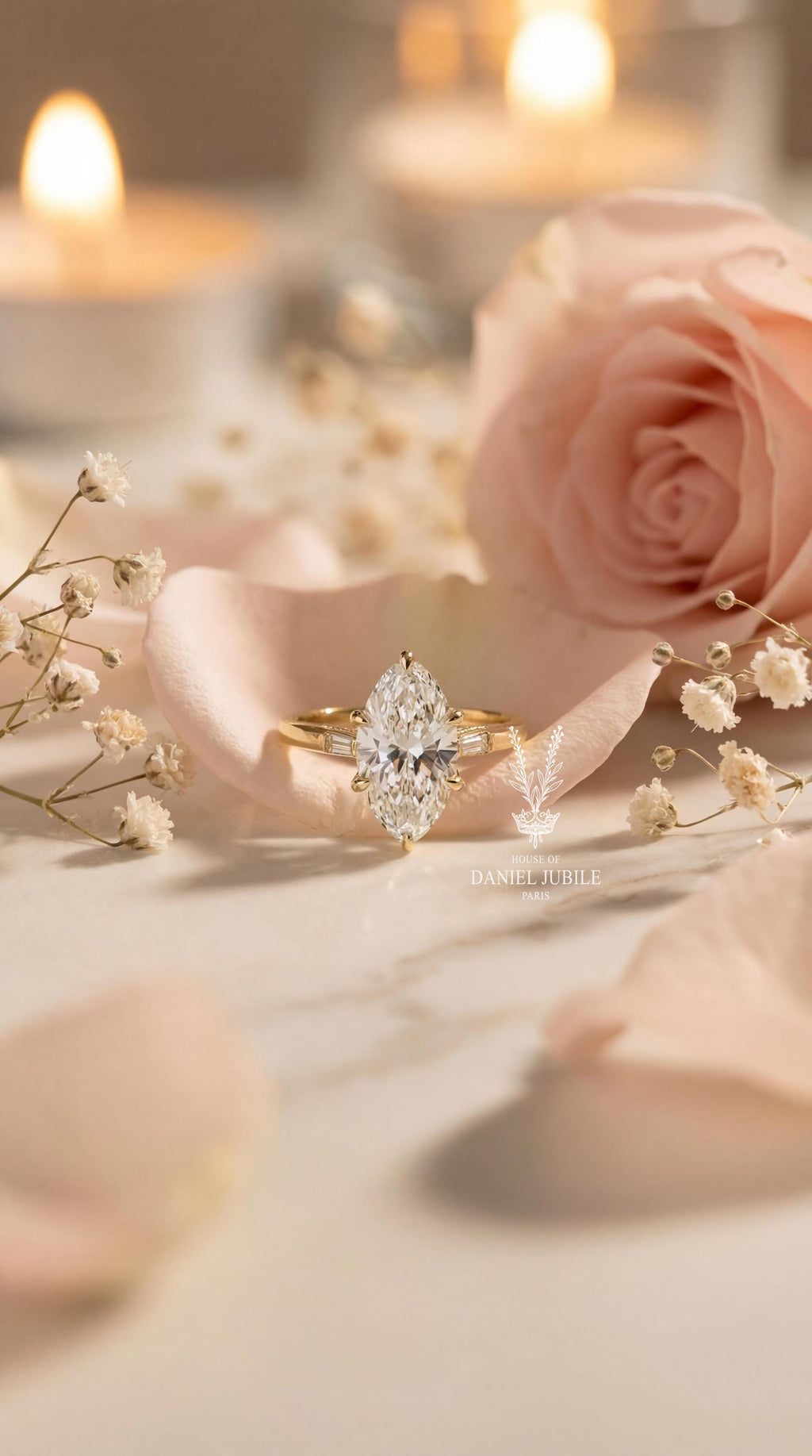 5ct Marquise Lab Diamond Engagement Ring, Art Deco 14k Gold Tulip Setting