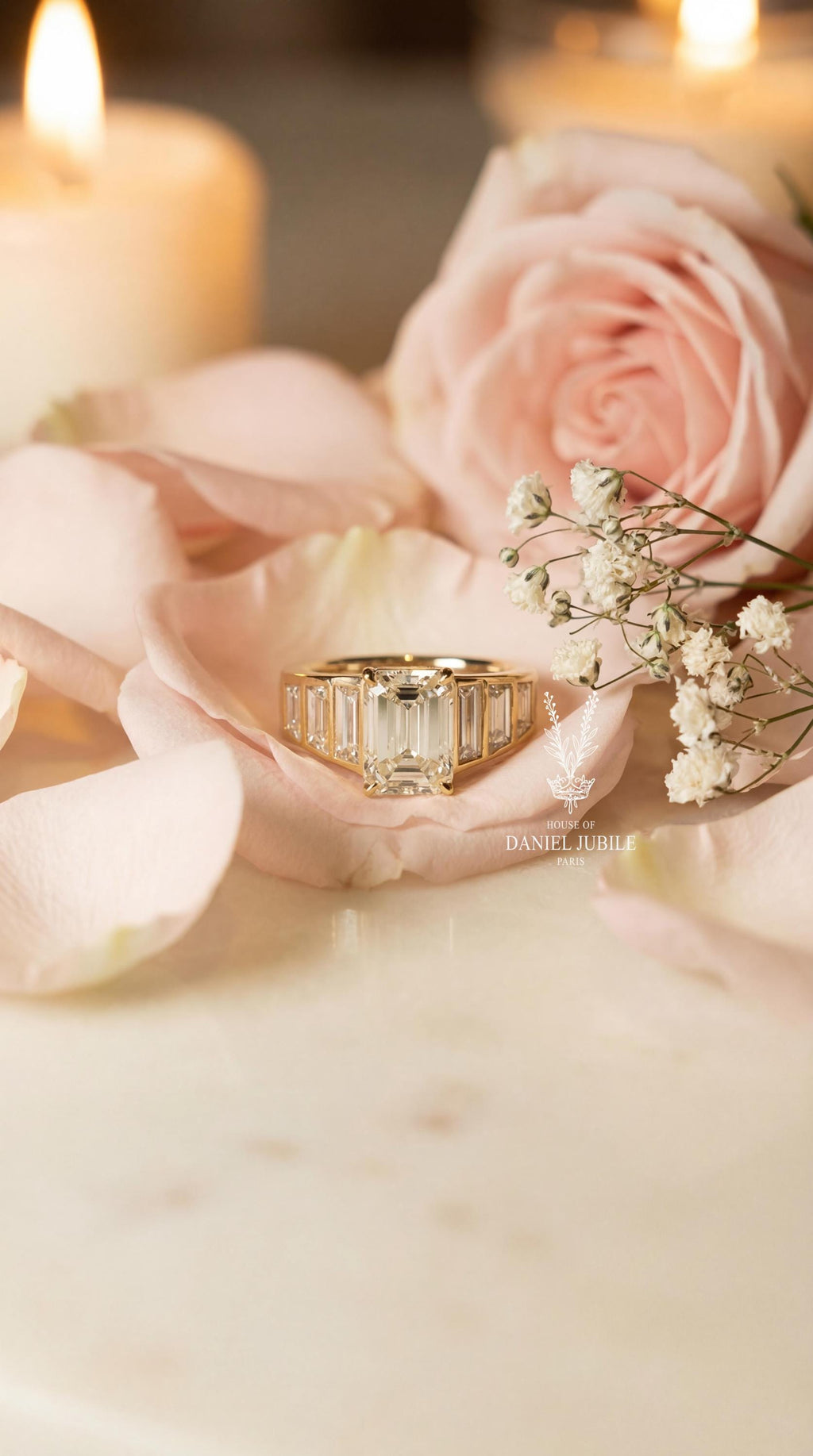 4Carat Emerald Cut Lab Grown Engagement Diamond Ring, 14k Gold Art Deco Baguette Wide Band