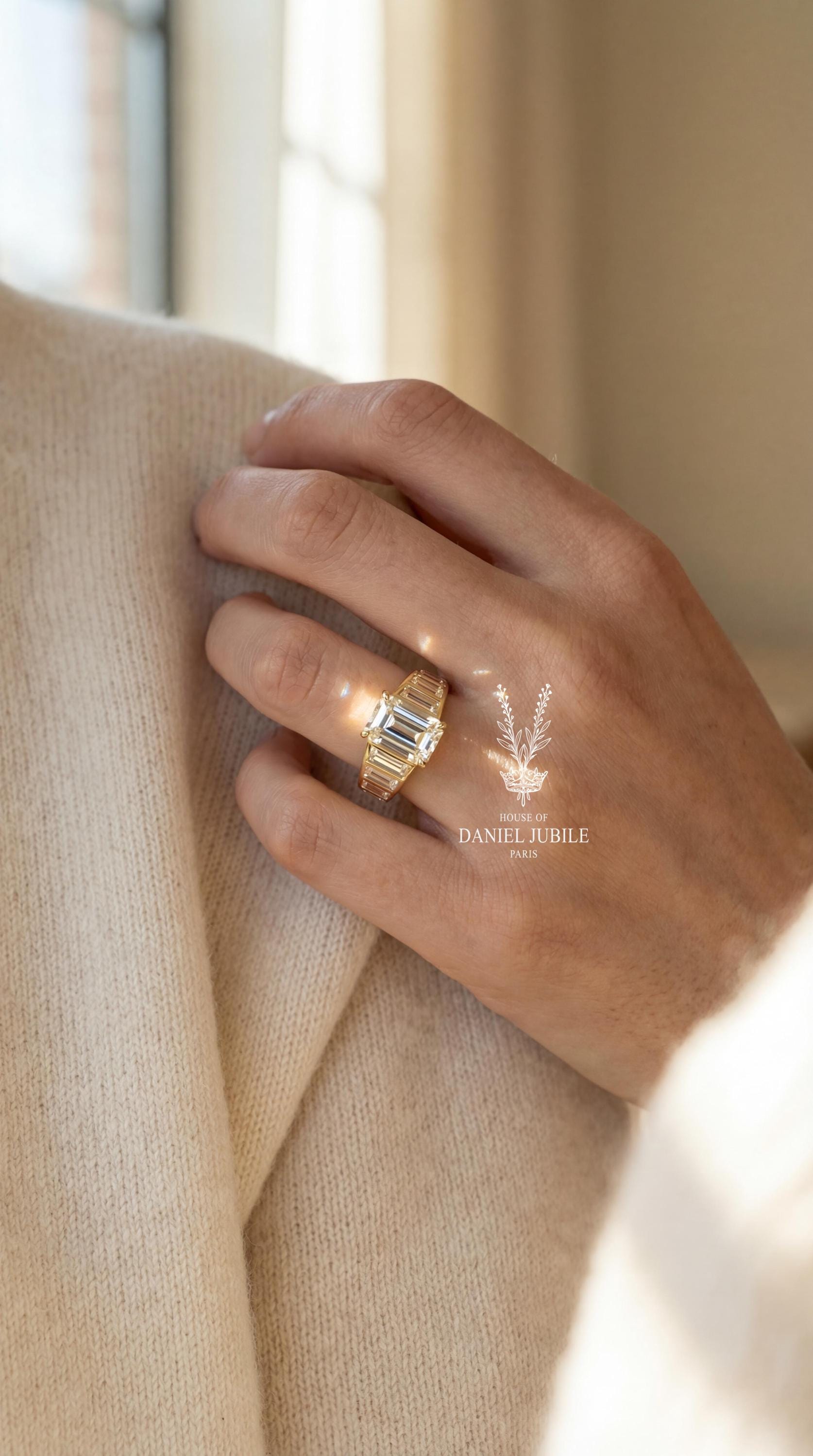 4Carat Emerald Cut Lab Grown Engagement Diamond Ring, 14k Gold Art Deco Baguette Wide Band