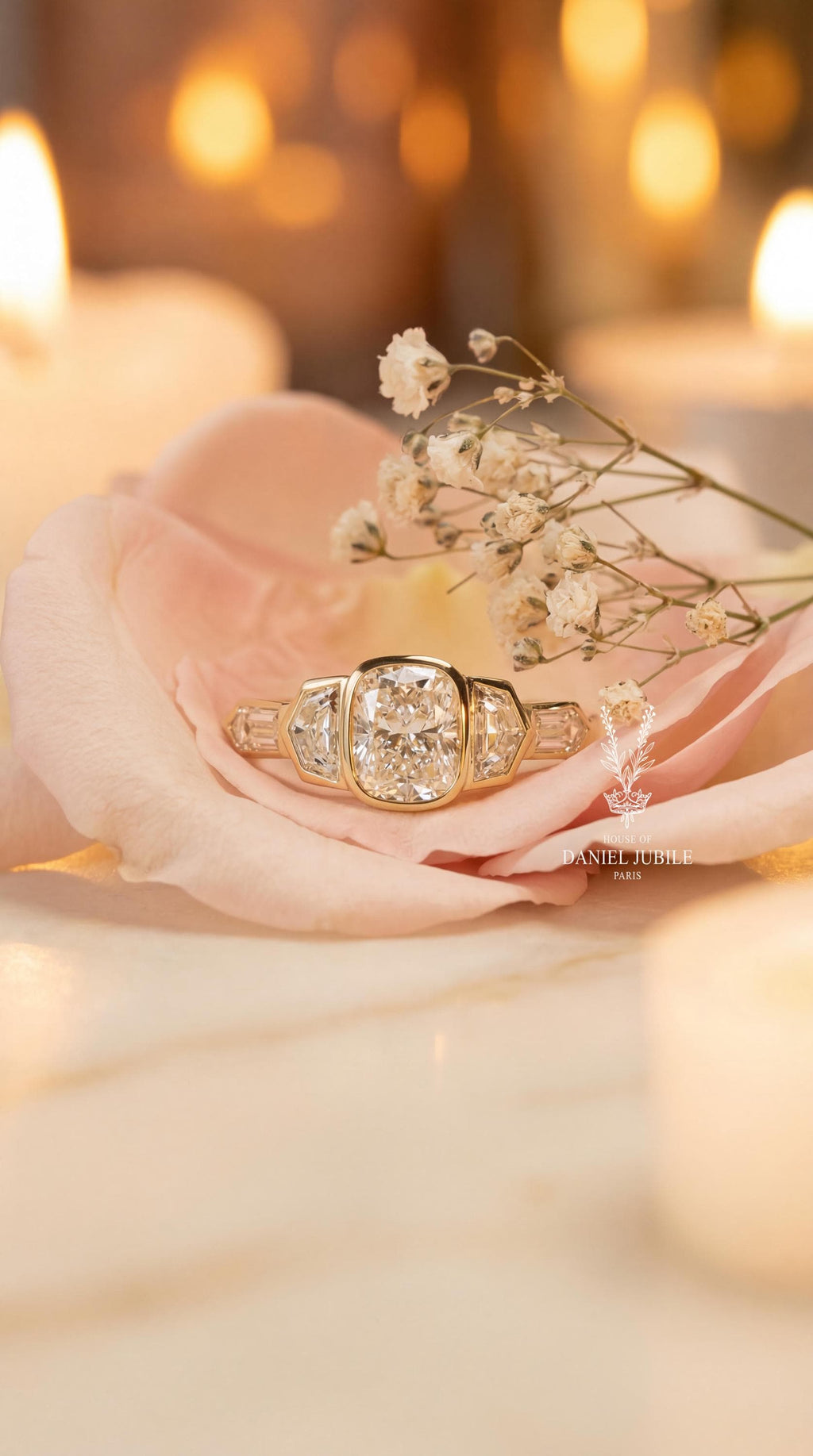 Art Deco 4ctw Cushion Cut Lab Engagement Diamond Ring, 14k Gold Bezel Set
