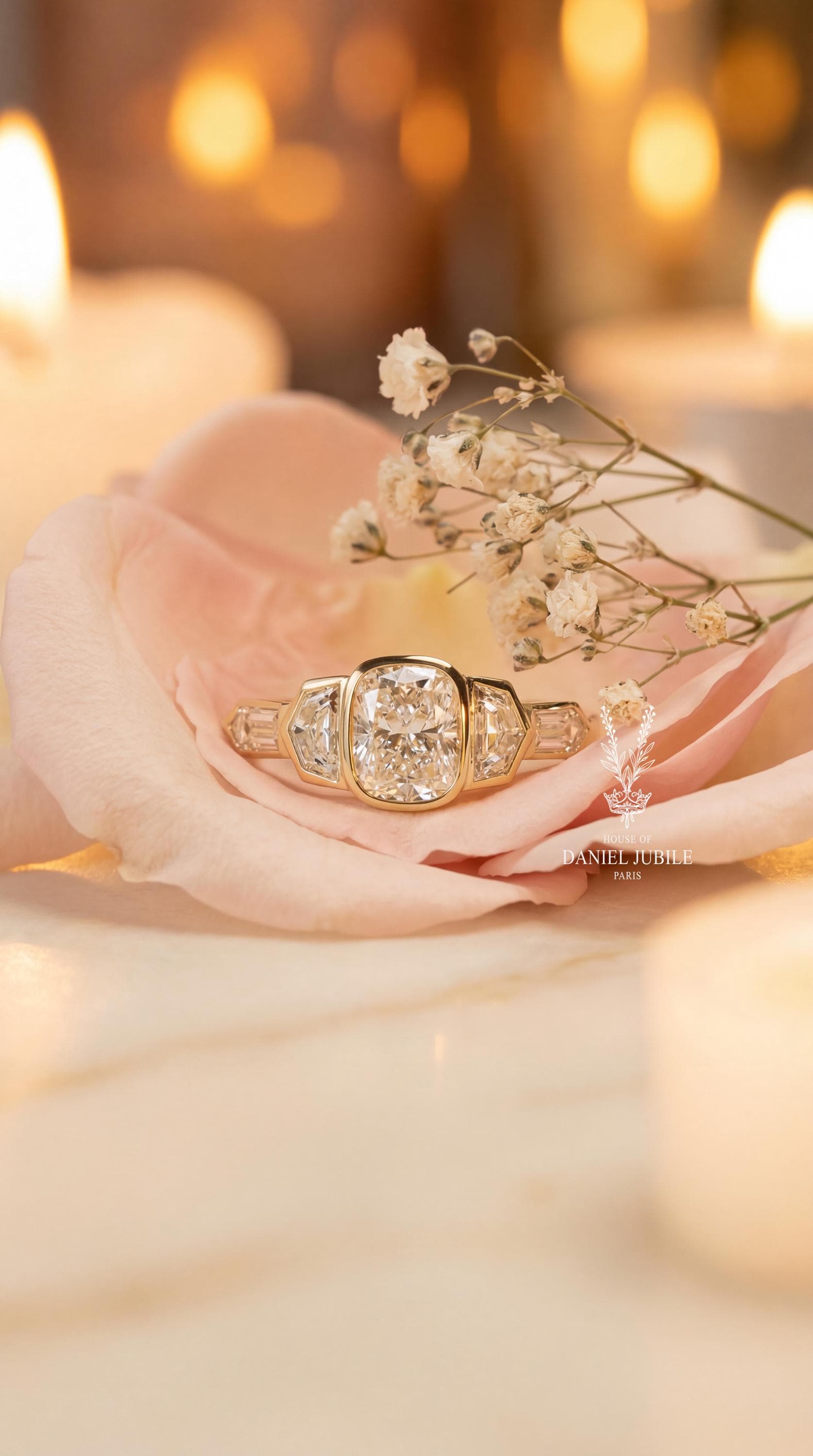 Art Deco 4ctw Cushion Cut Lab Engagement Diamond Ring, 14k Gold Bezel Set