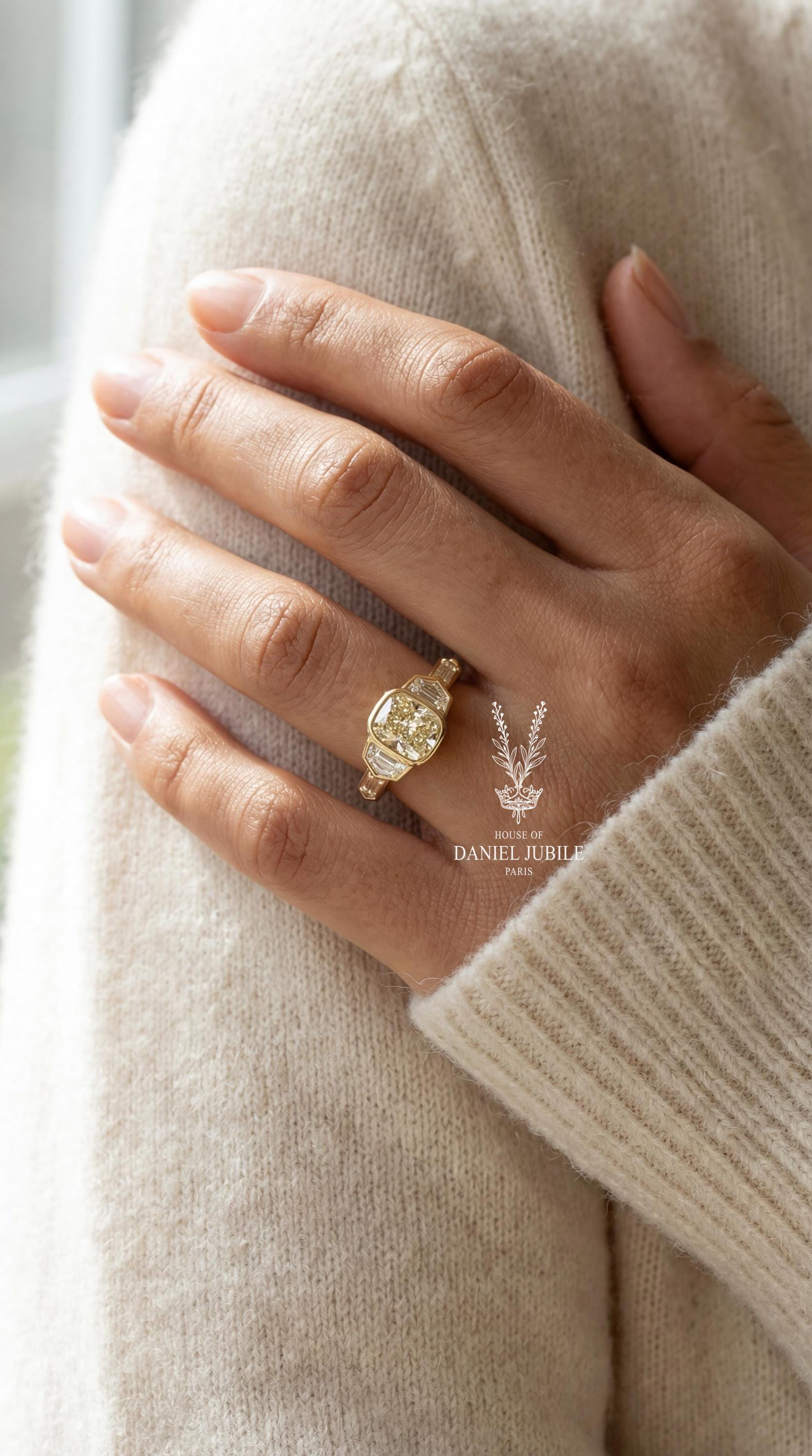 Art Deco 4ctw Cushion Cut Lab Engagement Diamond Ring, 14k Gold Bezel Set